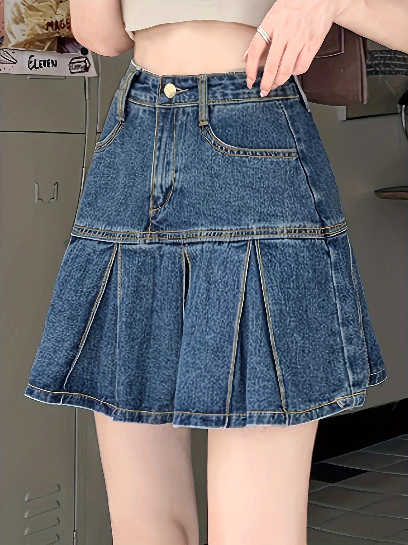 High-Waisted Pleated A-Line Mini Skirt for Women - Slim Fit, Non-Stretch Cotton, Button Closure, Machine Washable - Retro Chic Style for Spring, Summer, and Fall Seasons