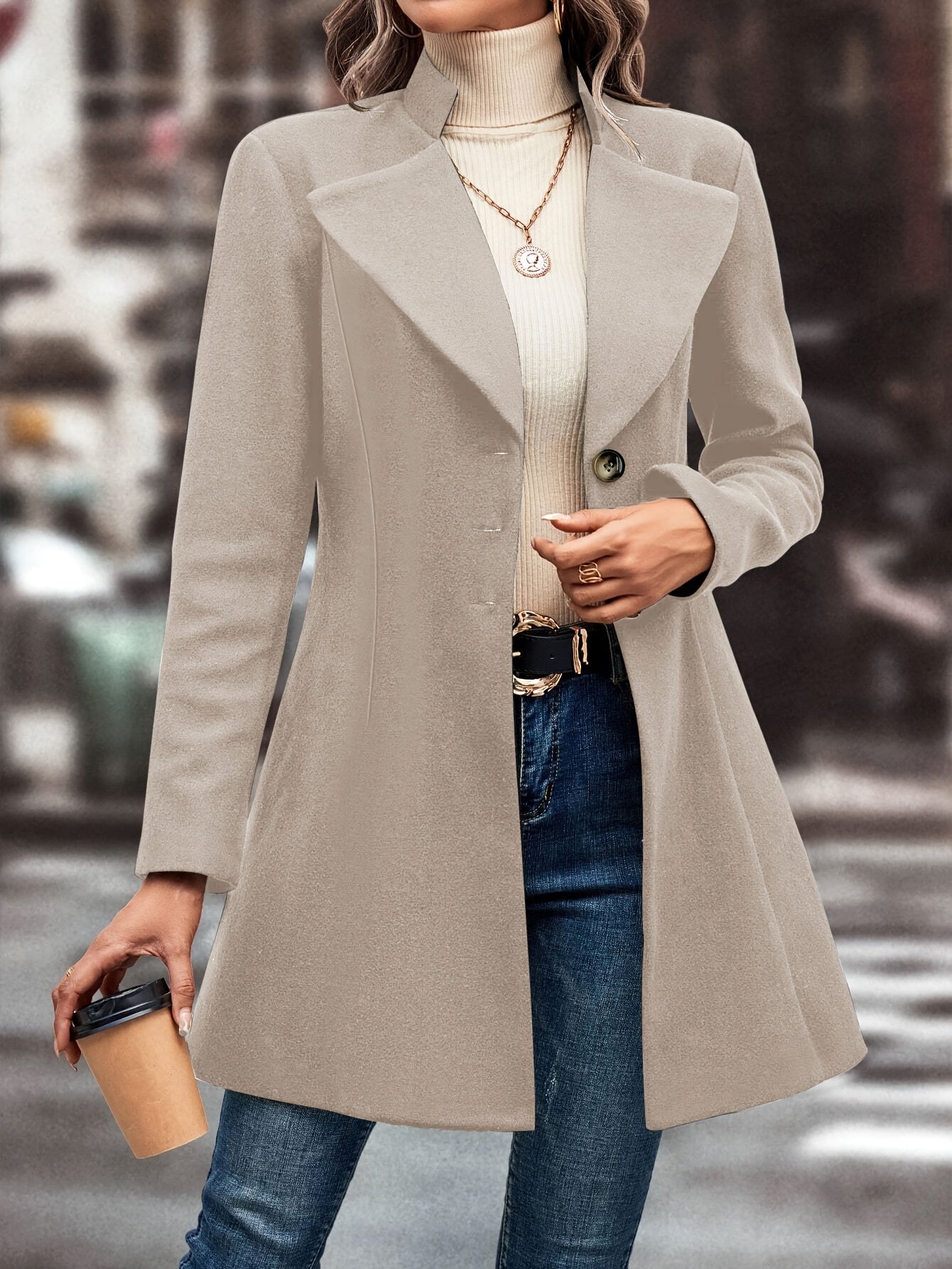 Classic Single Button Lapel Long Sleeve Solid Color Polyester Knit Overcoat - Elegant Winter Outwear with Micro Elasticity and Versatile Style - Perfect for Womens Formal Occasions