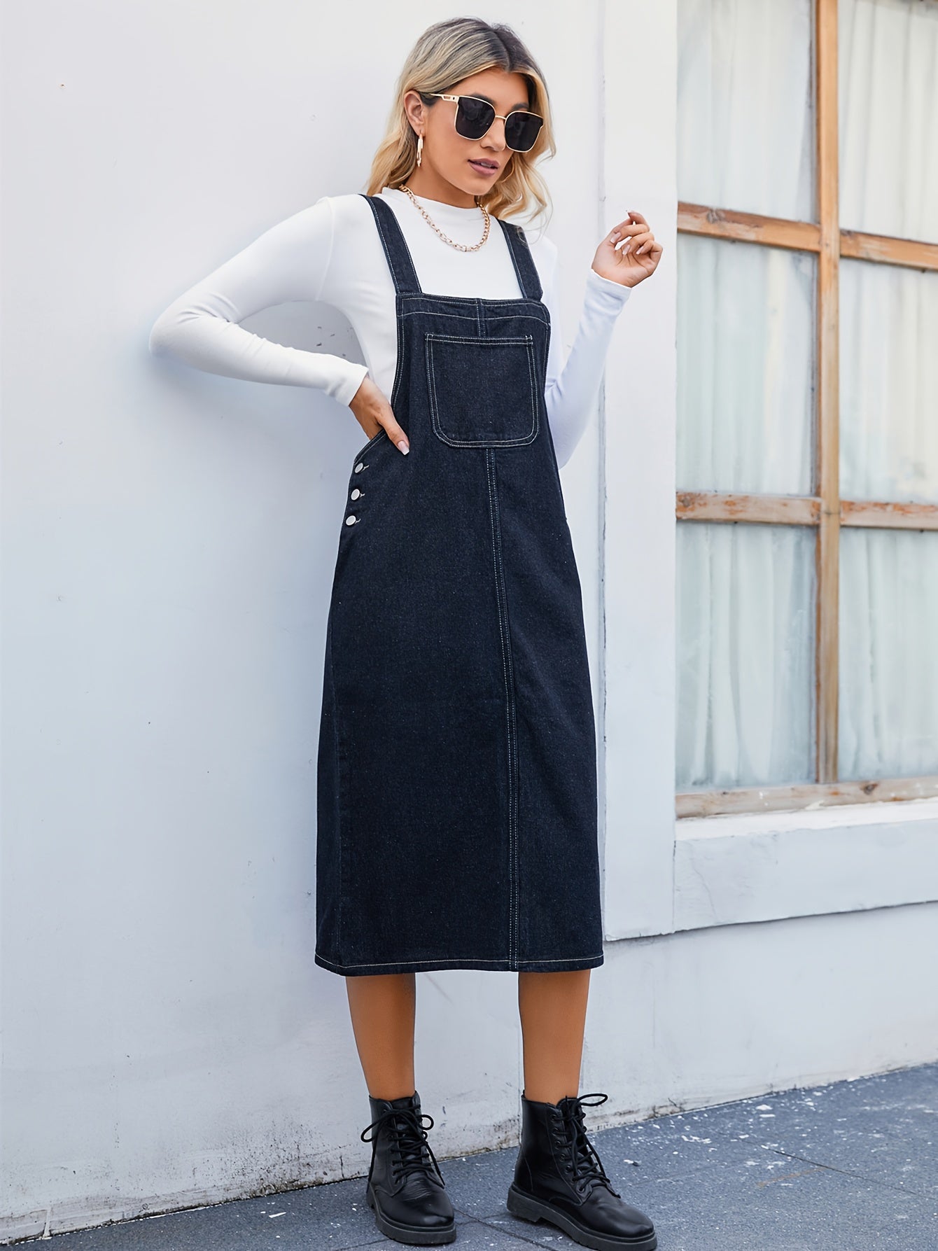 Plain Dark Washed Blue Loose Fit Denim Overall Dress, Patch Pocket Versatile Casual Denim Dress, Women's Denim Jeans & Clothing