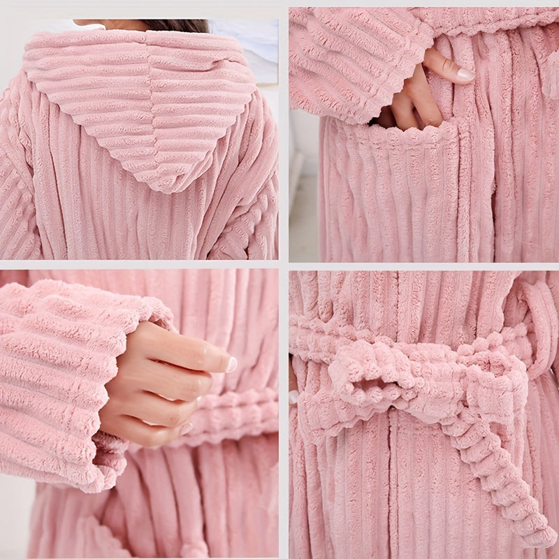 Super Soft Coral Velvet Hooded Bathrobe, Unisex Winter Warm Robe, Polyester & Polyamide Blend, Absorbent, Casual Knit Long Robe with Hood & Pockets, Machine Washable, Universal Space Theme, for Autumn & Winter - 350gsm Towel Fabric