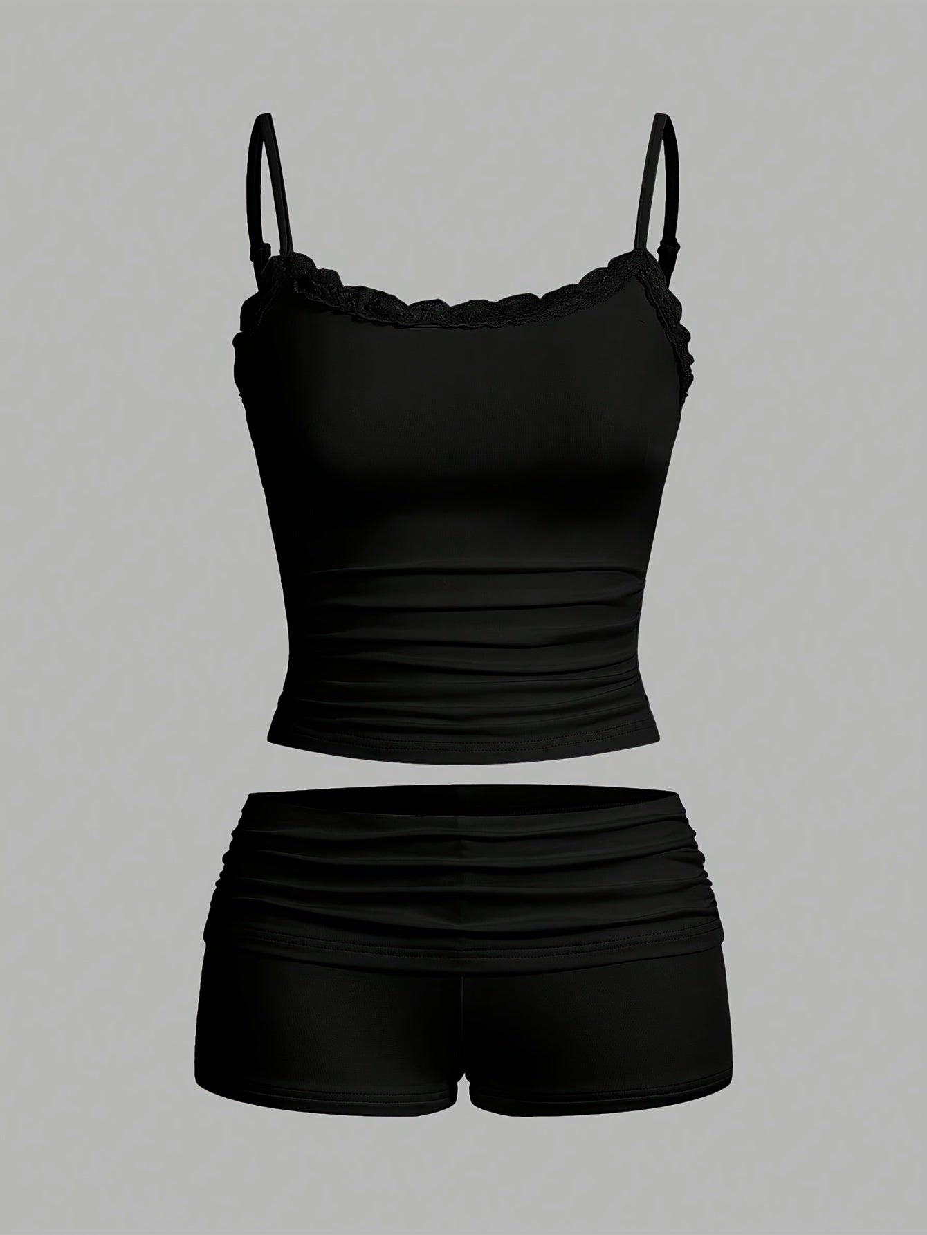 Solid Color Casual Shorts Set, Lace Trim Spaghetti Strap Cami Top & Skinny Shorts Outfits, Women's Clothing