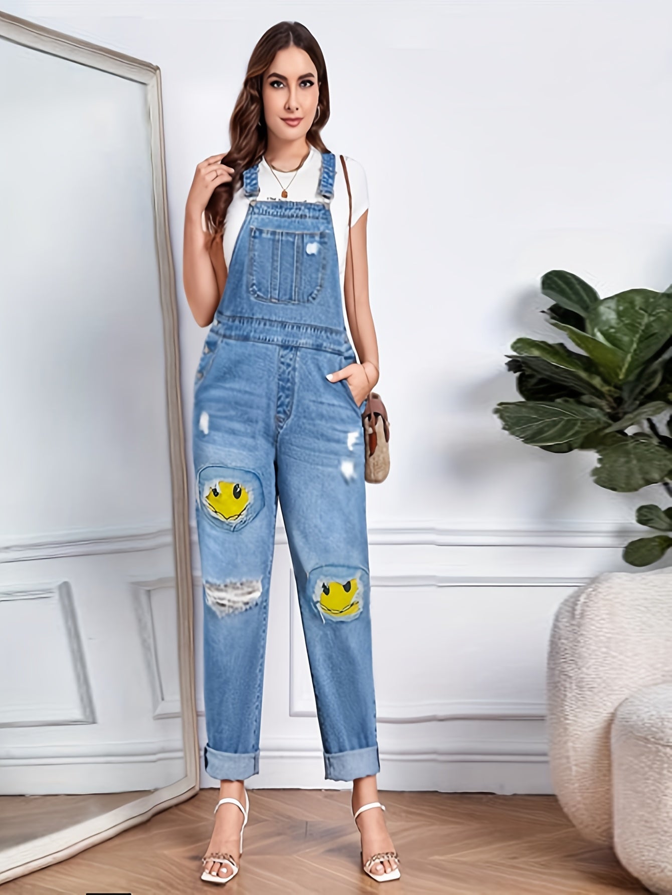 Smiling Face Patchwork Denim Jumpsuit, Ripped Holes Slant Pockets Casual Denim Overall, Women's Denim Clothing