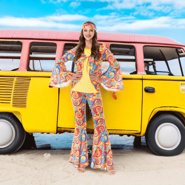 Vibrant Abstract Print Hippie Chic Two-Piece Set - Tie Front Flared Sleeve Tops with Relaxed Fit & Flared Leg Long Length Pants Outfits - Unique Bohemian Women's Clothing for Summer, Casual, and Festival Occasions