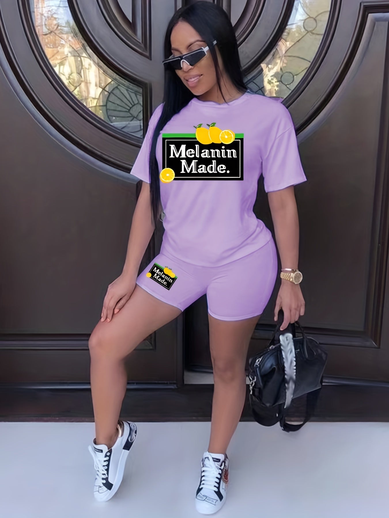 Vibrant Melanin Two-Piece Set - Short Sleeve Mock Neck T-Shirt with Casual Letter & Lemon Print, Elastic Waist Sporty Shorts for Women - Comfortable, Breathable, and Stylish Summer Outfit