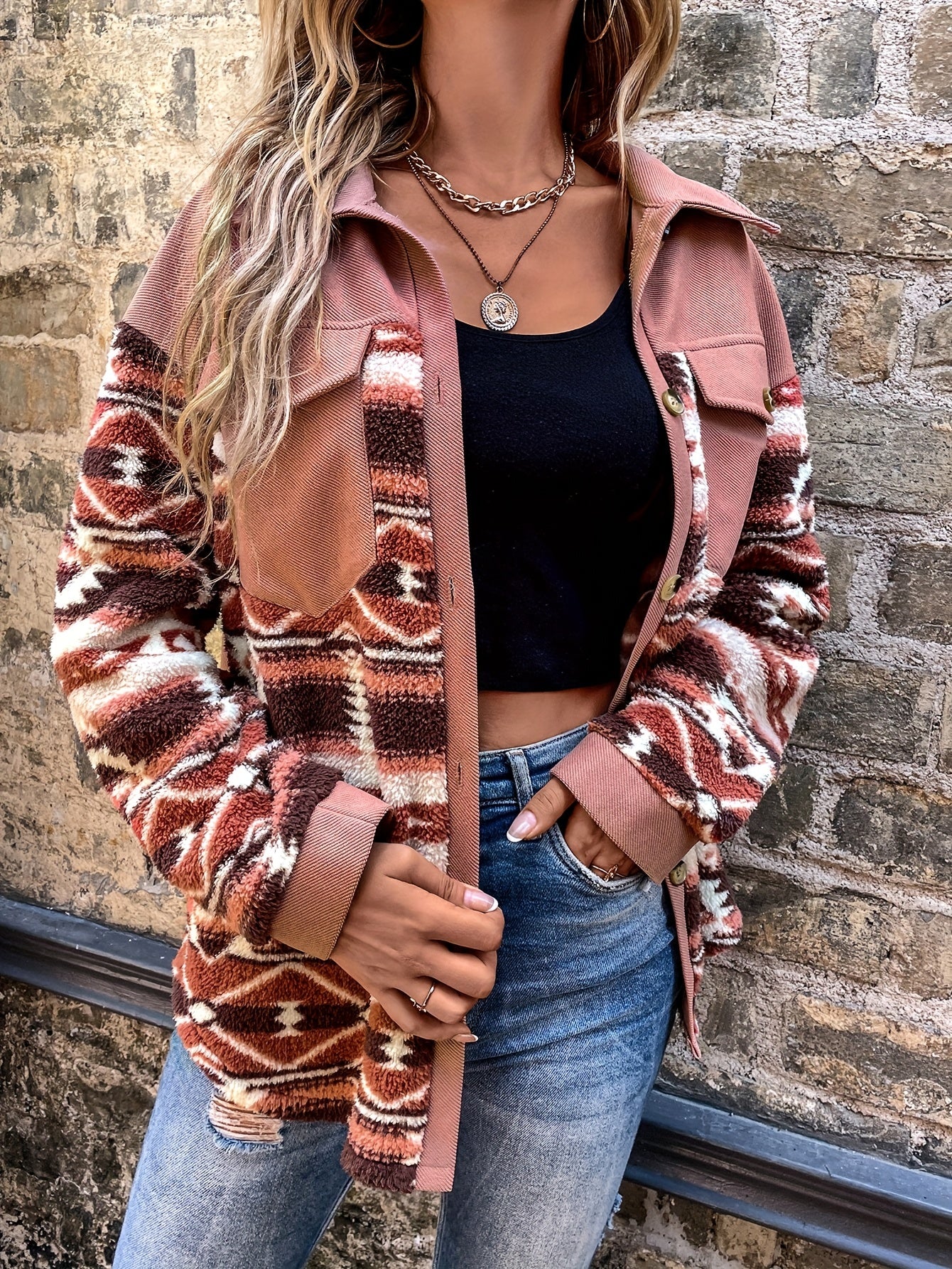 Stylish Aztec Pattern Teddy Jacket - Soft, Casual, Long Sleeve, Button Front Outerwear for Fall & Winter - Women's Cozy Clothing for Daily Wear