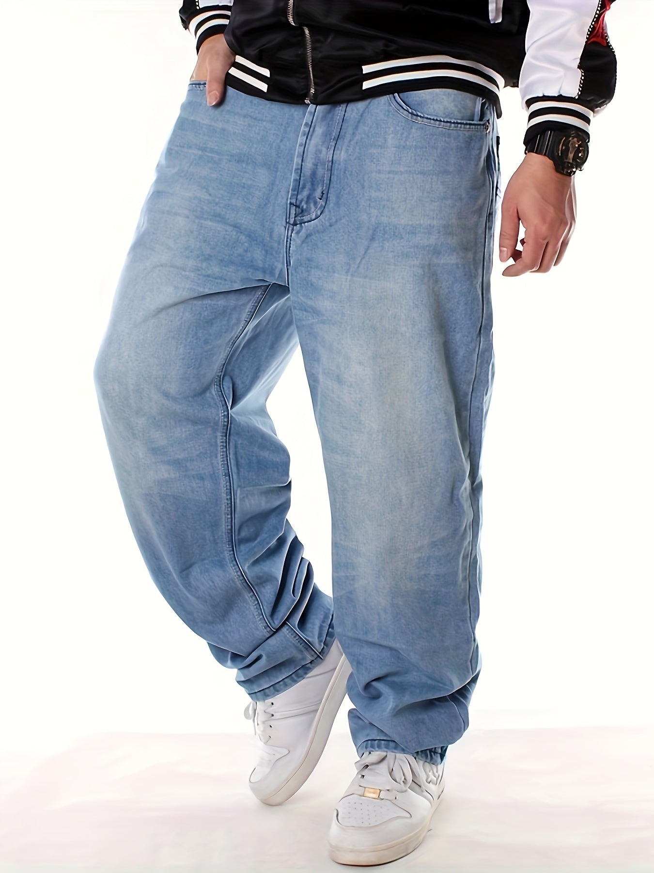 Men's Loose Solid Denim Trousers With Pockets, Causal Cotton Blend Jeans For Outdoor Activities