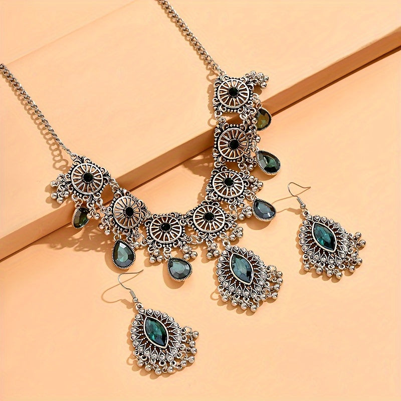 Enchanting Vintage Floral Gemstone Jewelry Set - Dazzling Dangle Earrings & Necklace - Premium Silver Plated, Ethnic Style - Perfect Womens Gift for Eid or Any Special Occasion