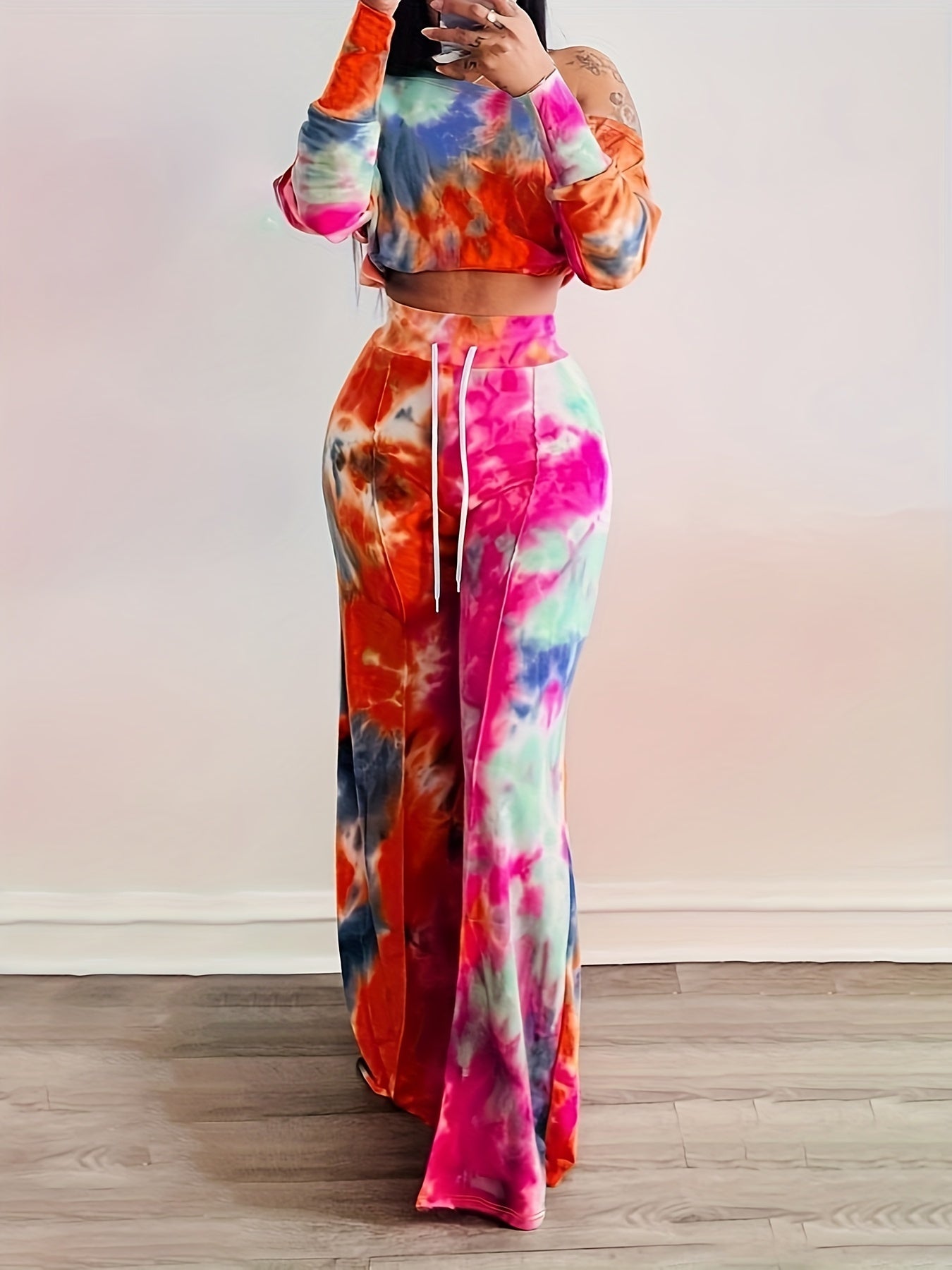 Trendy Tie Dye Two-piece Outfit Set - Soft Long Sleeve Crop Top & Adjustable Drawstring Pants - Casual, Comfortable, and Flattering Womens Clothing