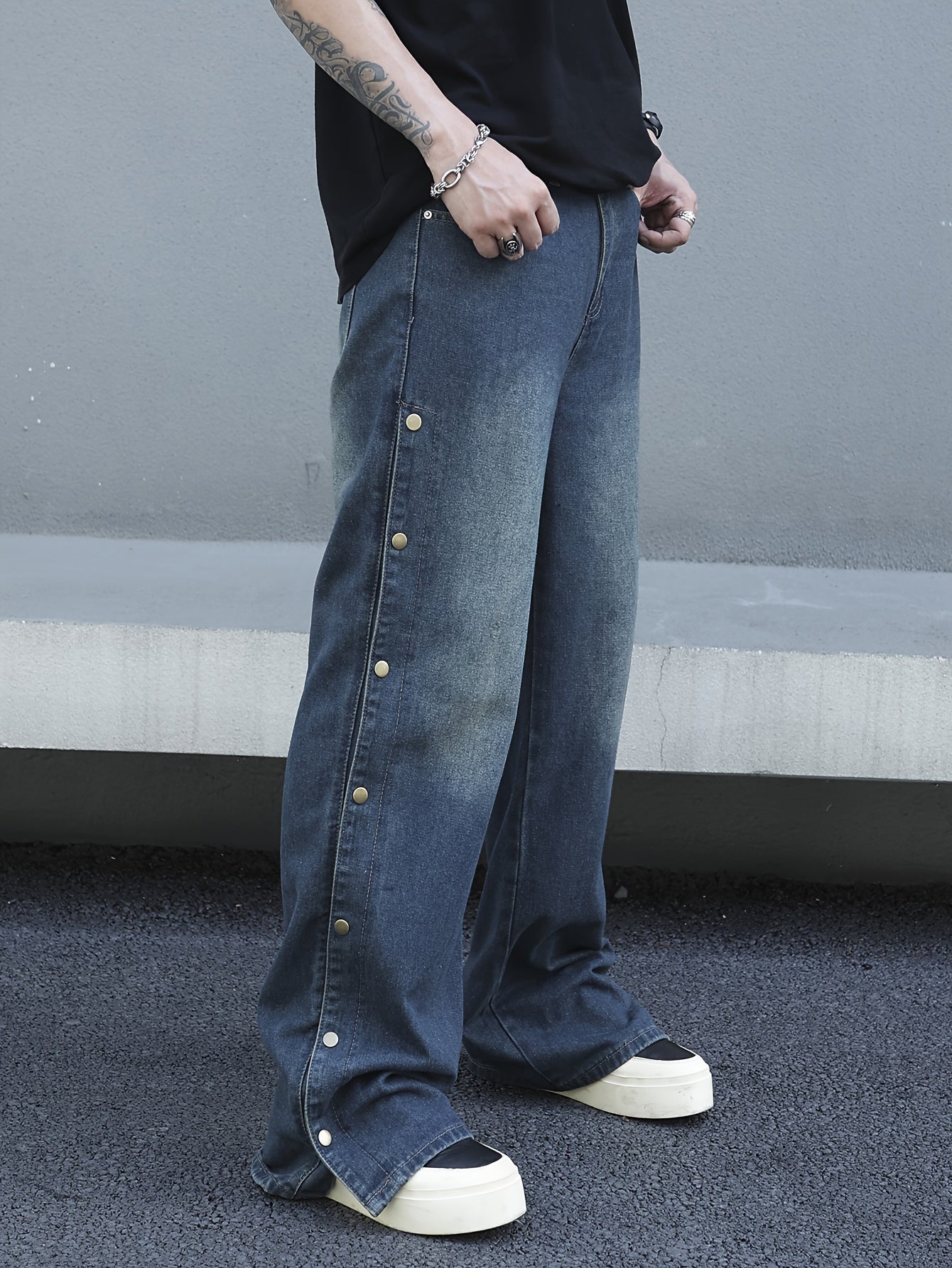 Men's Comfy Loose Fit Wide Leg Jeans - Stylish Fancy Button Detail, Soft Denim, Breathable, Street Style Fashion, Perfect for Casual Daily Wear