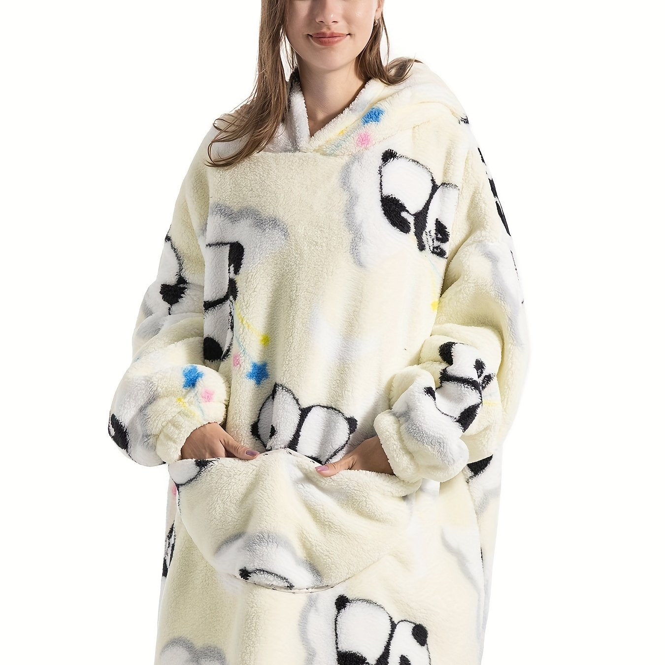 Plus Size Cute Lounge Robe, Women's Plus Panda Pattern Flannel Ultra Soft Oversized Fleece Hooded Fluffy Wearable Blanket With Pockets