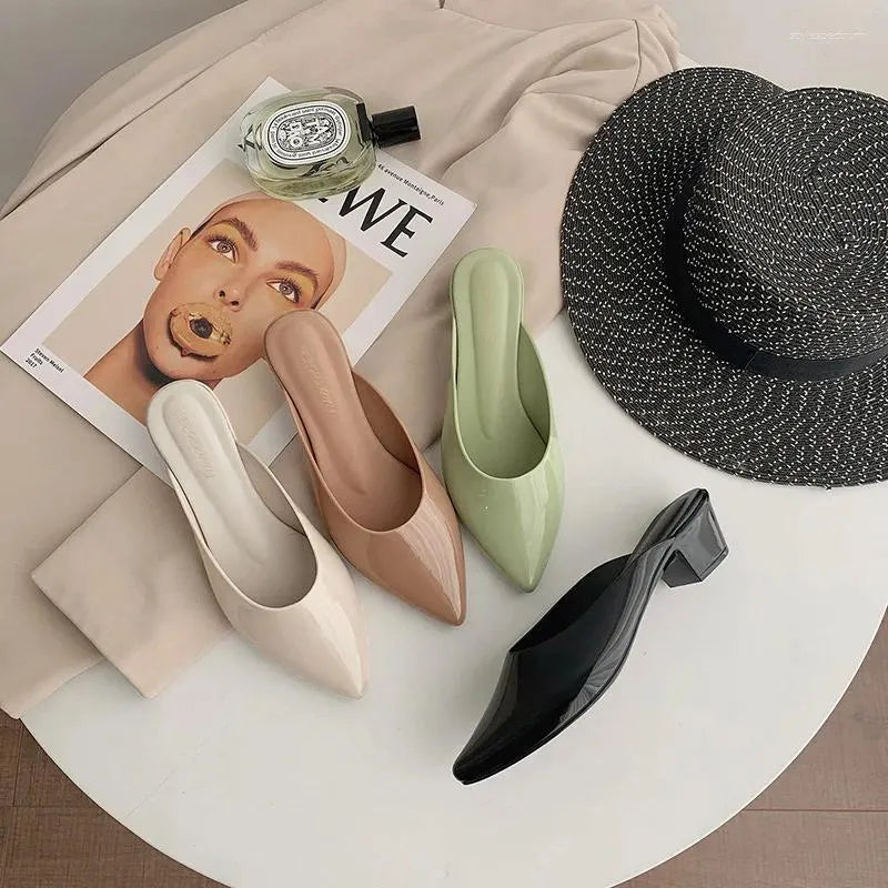 Slippers Thick Heel Plastic Mules Shoes Women Summer Sandals Pointed Toe Jelly Female Waterproof