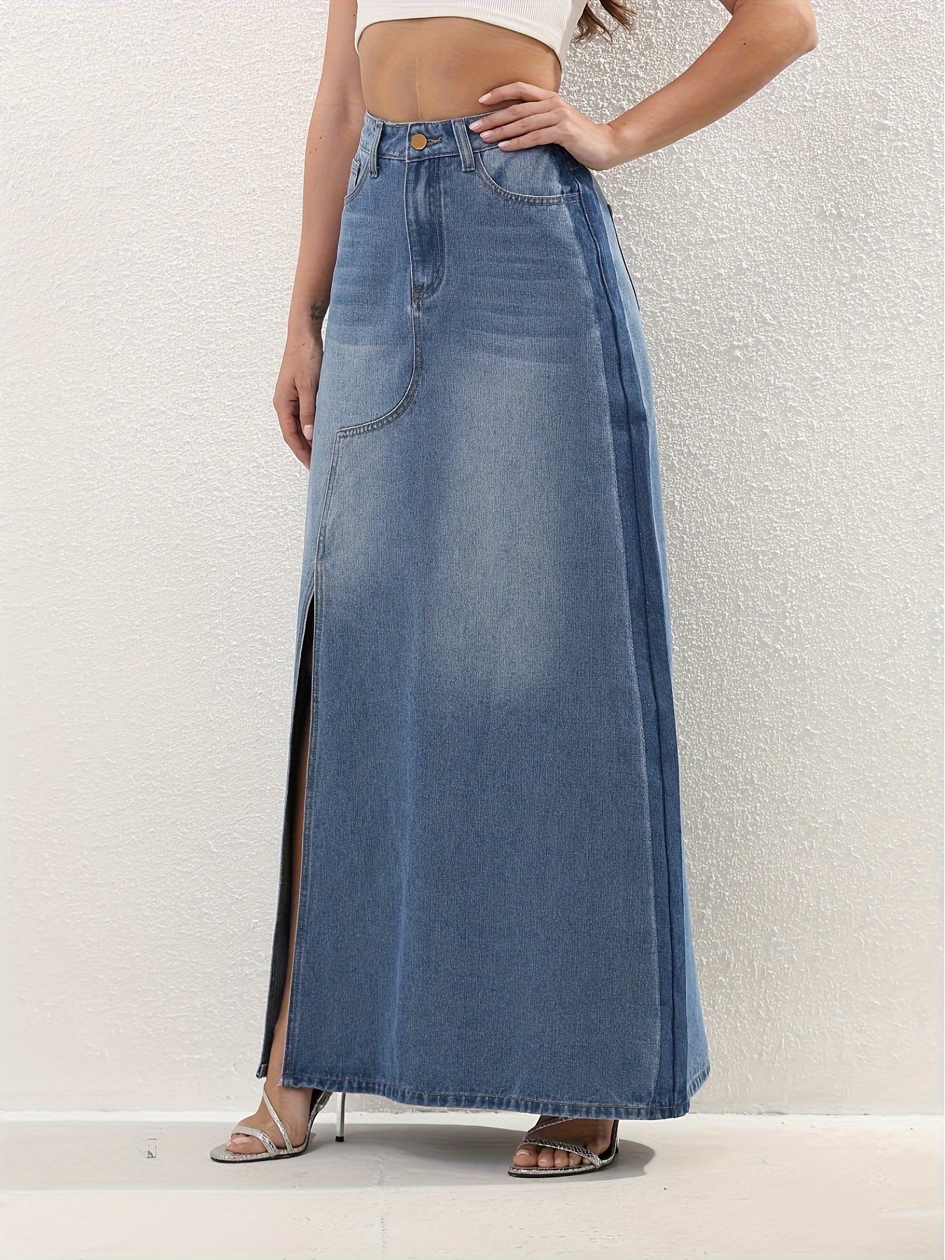 Elegant High Waist Ombre Denim Maxi Skirt with Slit | Versatile & Easy-Care - Perfect for Spring to Fall
