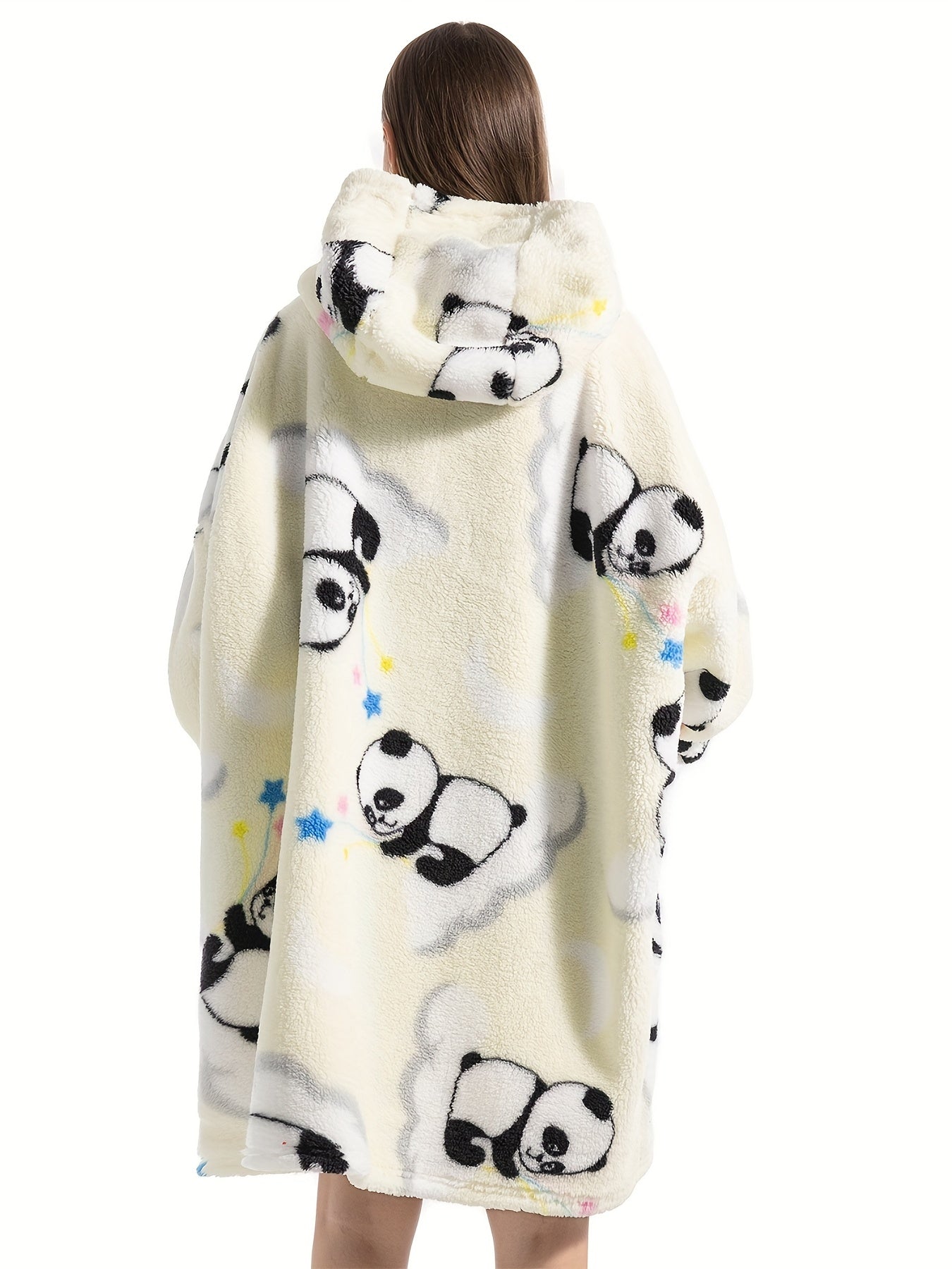 Plus Size Cute Lounge Robe, Women's Plus Panda Pattern Flannel Ultra Soft Oversized Fleece Hooded Fluffy Wearable Blanket With Pockets