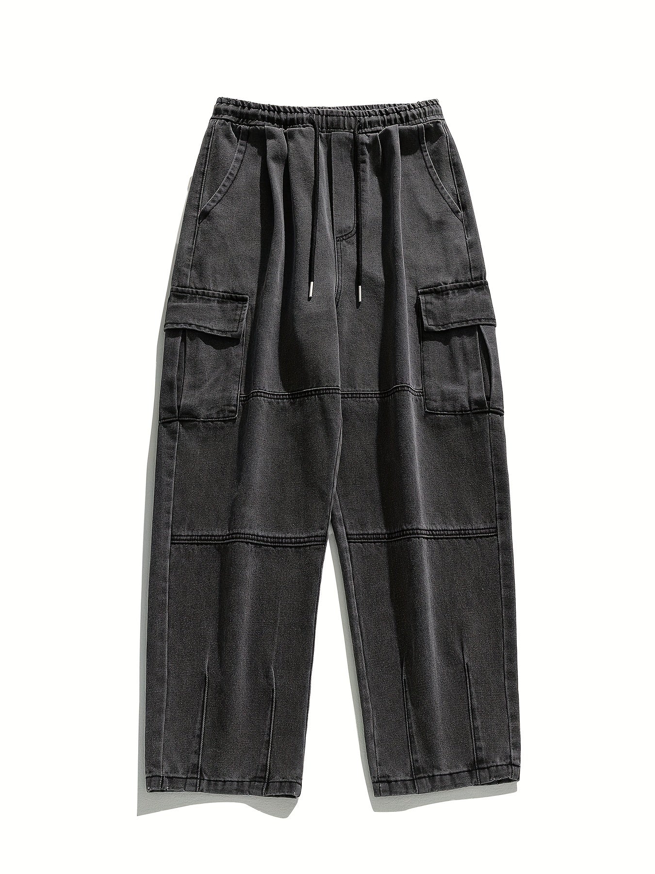 Multi-Pocket Loose Fit Denim Cargo Pants - Soft Cotton Blend, Drawstring Waist, Relaxed Style for Spring and Fall Outdoor Activities, Casual Everyday Wear