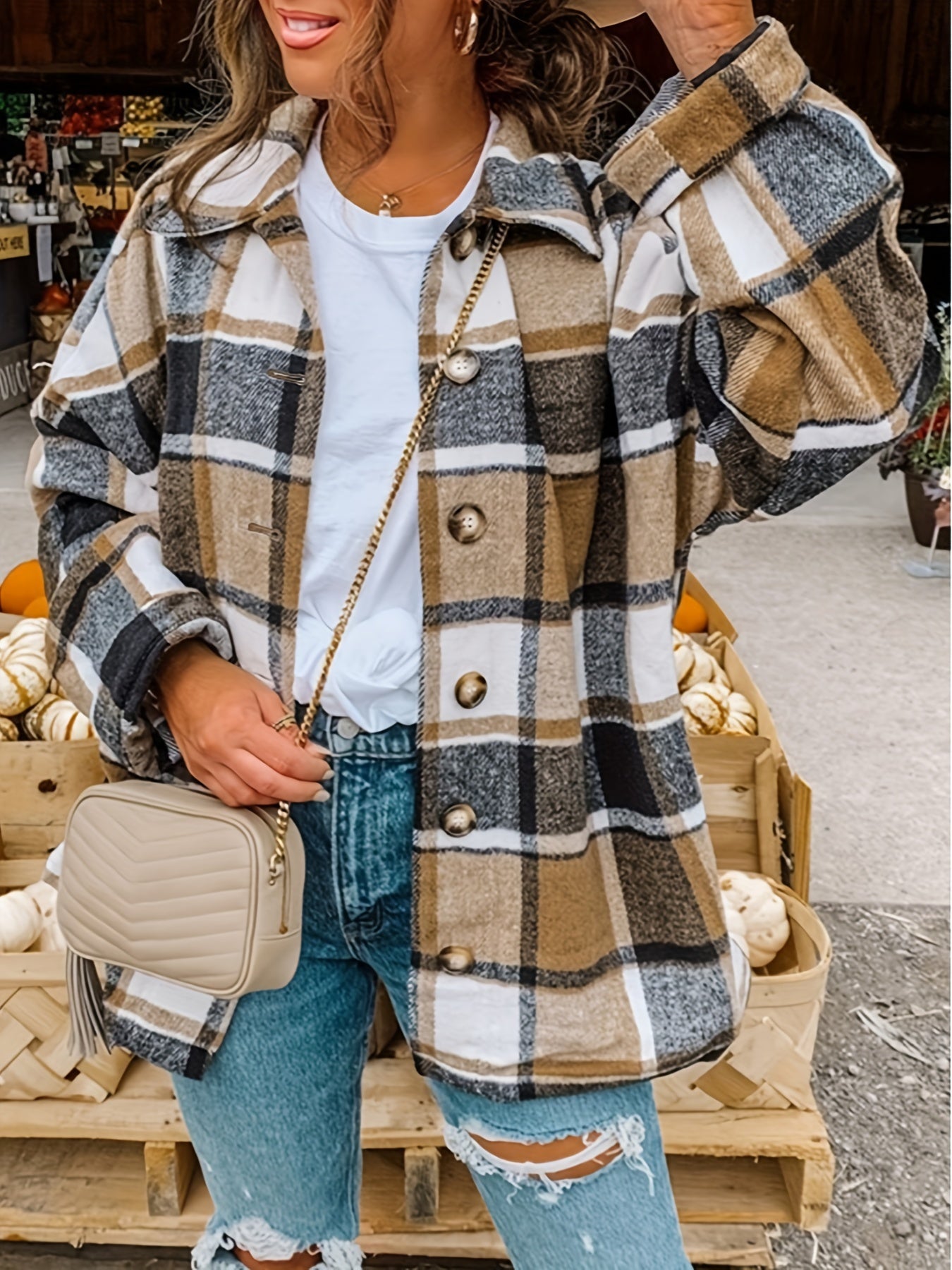 Plaid Shacket with Lapel Collar - Soft Slight Stretch Tweed Fabric, Loose Fit, Micro Elasticity, Random Printing, Perfect for Fall & Winter - Womens Casual Long Sleeve Bomber Jacket