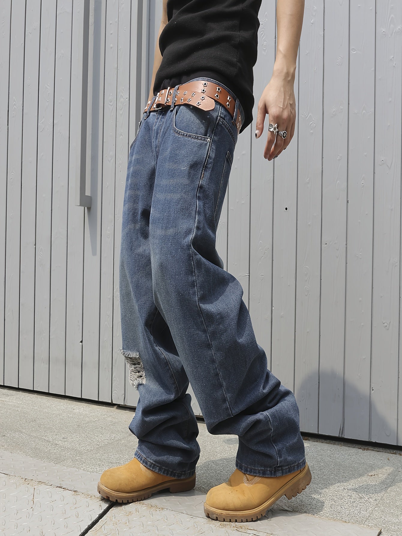 Men's Cotton Blend Chic Daily Ripped Baggy Jeans, Hip Hop Style Loose Fit Streetwear Denim Jeans