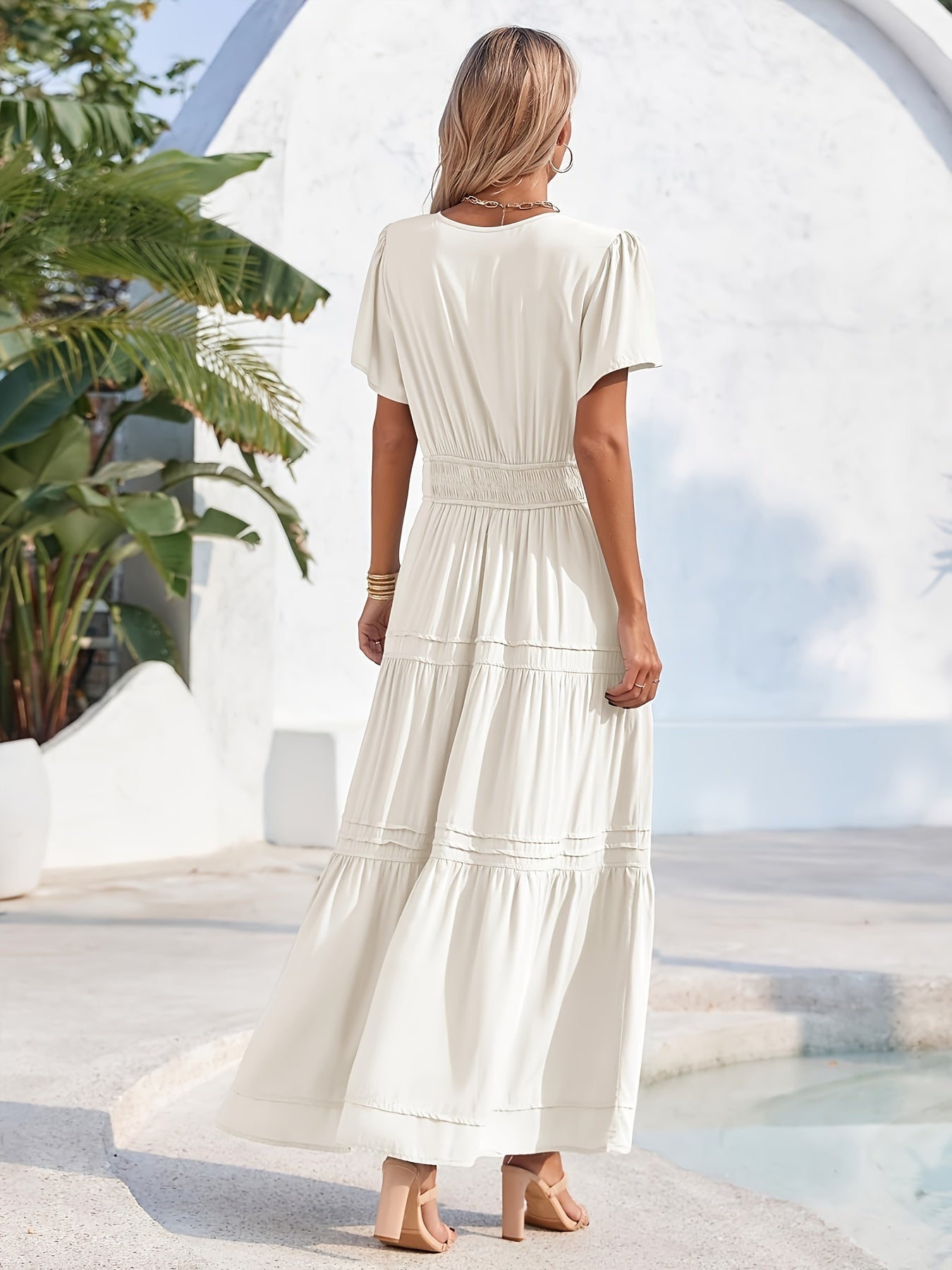 Solid Color V Neck Maxi Dress, Boho Short Sleeve Elastic Waist A Line Flowy Dress, Women's Clothing