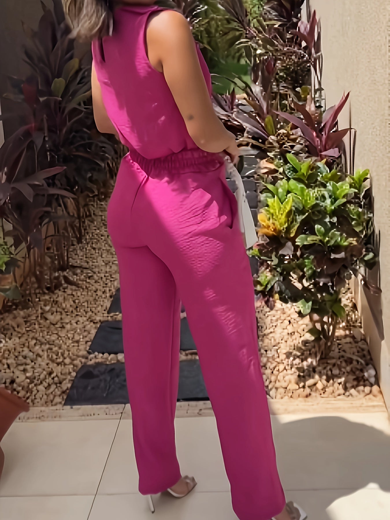 Two-Piece Chic Outfit - Sleeveless Tank Top with Slant Pocket & Button Details, Matching Pants, Casual, Comfortable, and Versatile Women's Clothing Set for Daily Wear