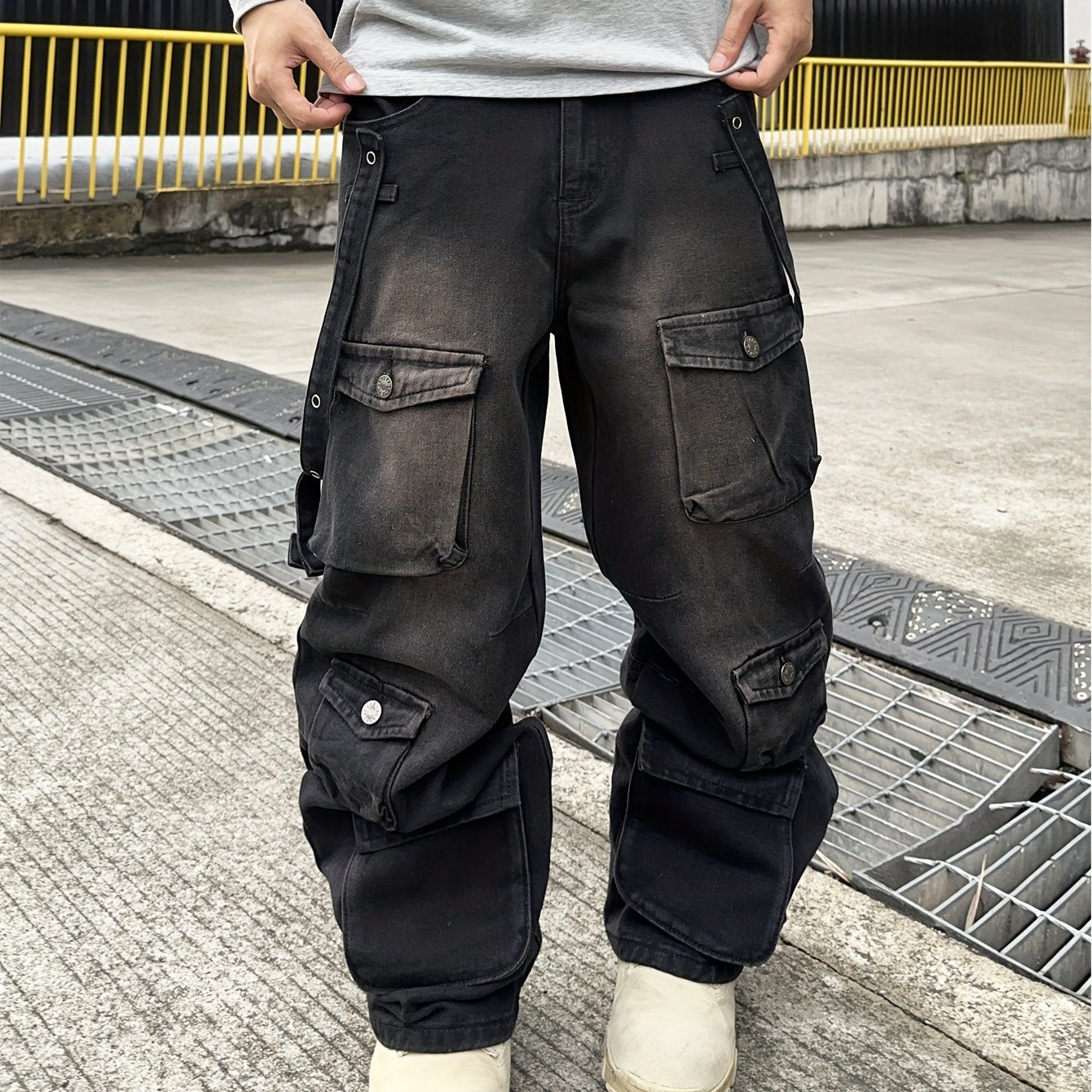 Men's Casual Loose Fit Cotton Denim Cargo Pants - All-Season Wear, Drawstring Waist
