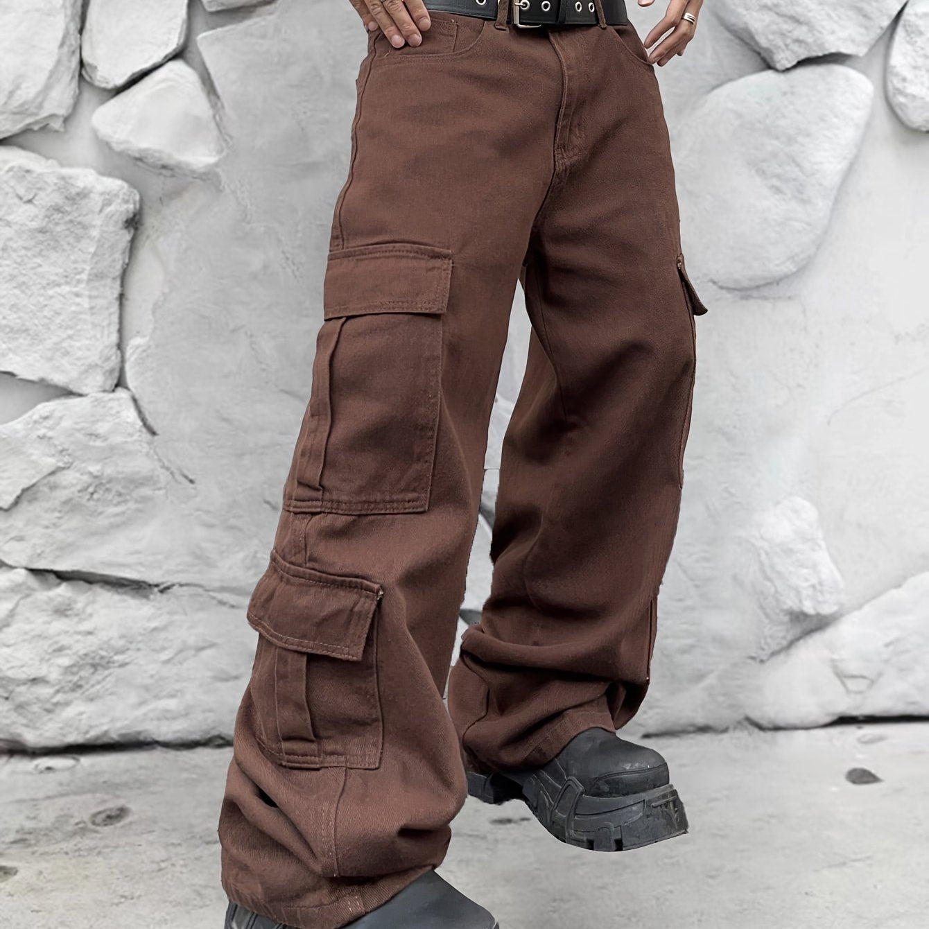 Street Style Solid Wide Leg Cargo Denim Pants For Men, Leisure Trendy Jeans For Males