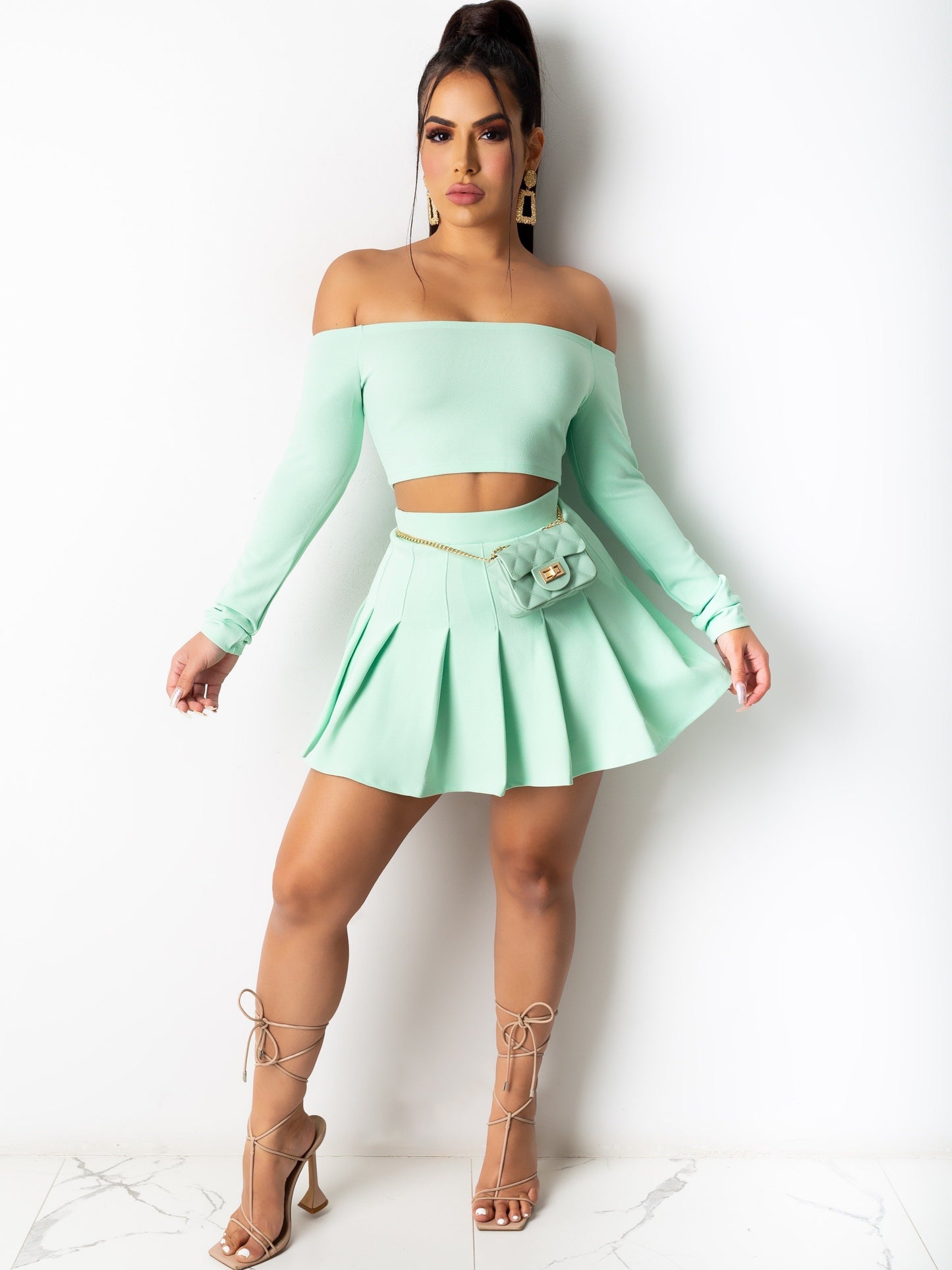 Trendy Two-Piece Skirt Suit - Elegant Off Shoulder Long Sleeve Crop Top & Pleated Mini Skirt Outfit for Women - Chic, Comfortable, and Versatile Clothing for Daily Life