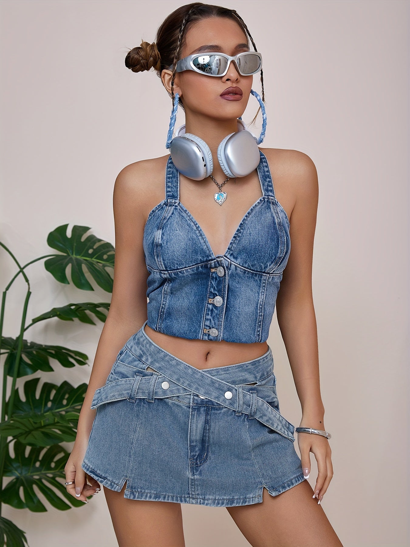 Mini Crisscross Belt Split Hem Denim Skirt - Stylish, Premium Denim, Vibrant Hot Washed Blue, Trendy Design, Comfortable, Chic - Womens Fashion Denim Jeans & Clothing
