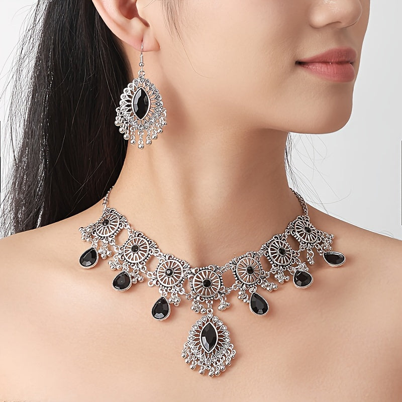 Enchanting Vintage Floral Gemstone Jewelry Set - Dazzling Dangle Earrings & Necklace - Premium Silver Plated, Ethnic Style - Perfect Womens Gift for Eid or Any Special Occasion