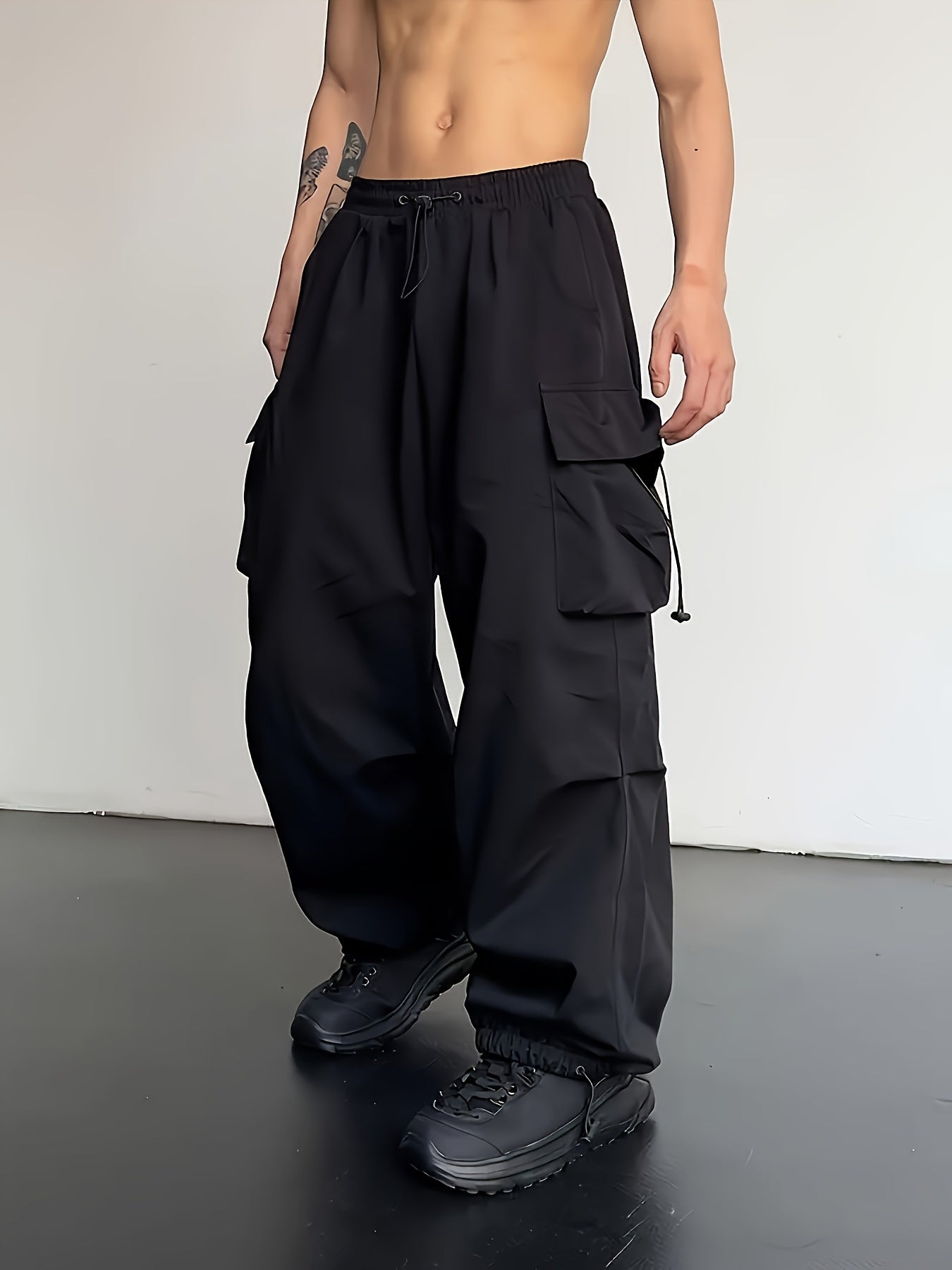 Men's Solid Color Baggy Cargo Pants With Drawstrings, Multi-pocket Casual Stylish Outdoor Trousers As Gift