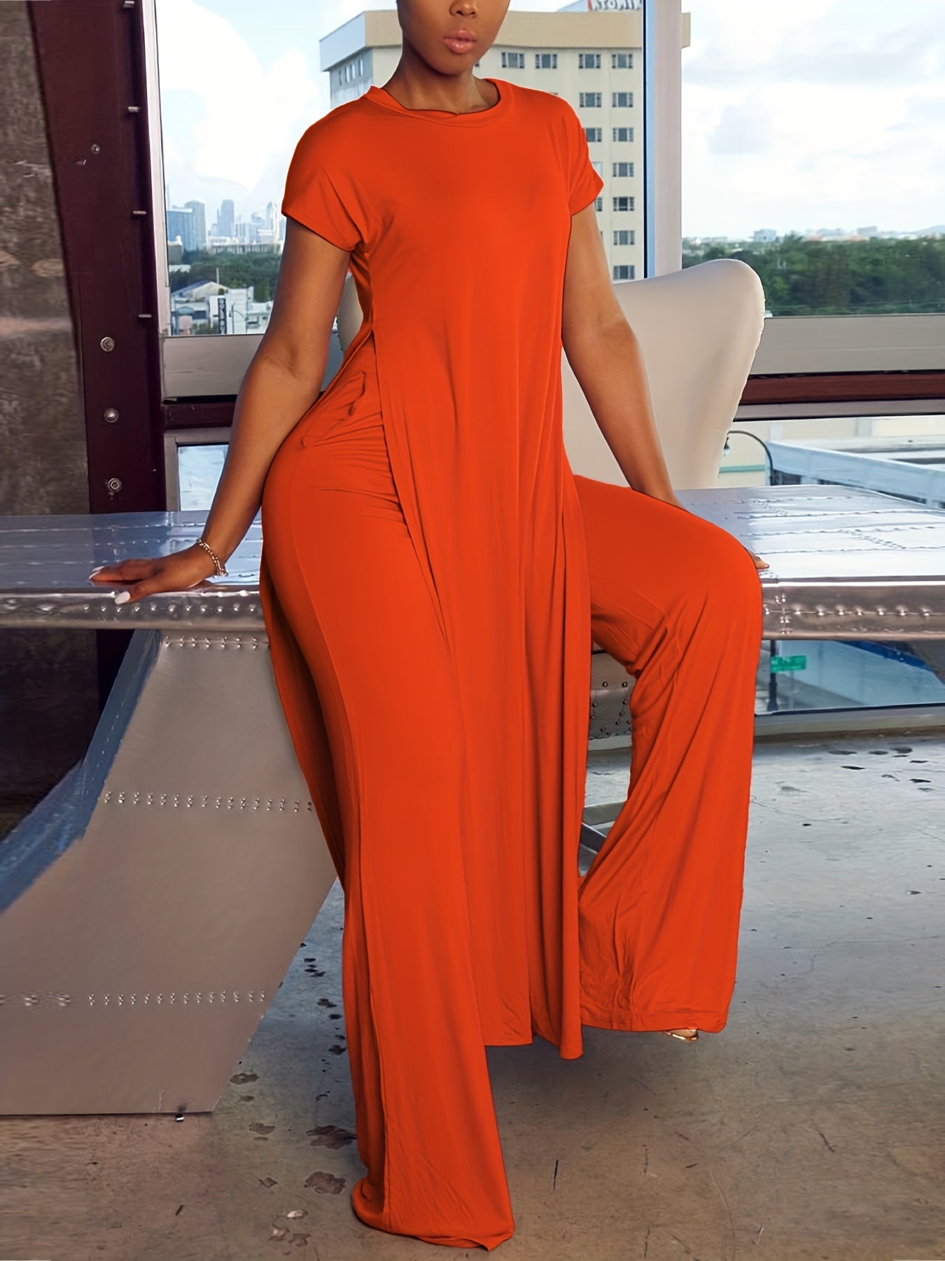 Two-Piece Casual Matching Set - Crew Neck Split T-Shirt & Wide Leg Pants Outfit with Micro Elasticity, Polyester Fabric, Solid Color, and Knit Construction for All Seasons