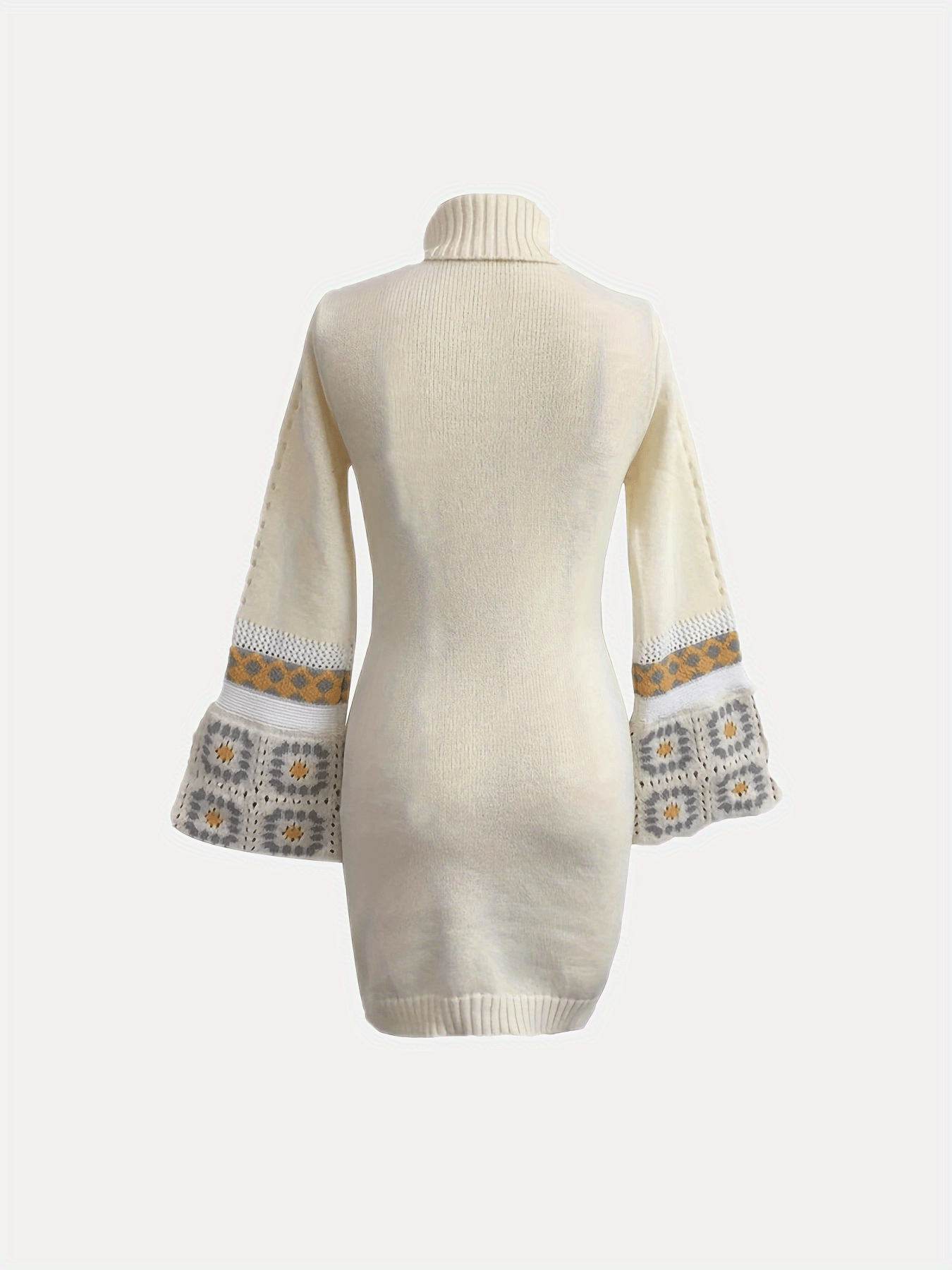 Bohemian Chic Patchwork Turtleneck Knitted Dress - Cozy Flared Cuff Long Sleeve Style - Trendy Womens Winter Wear