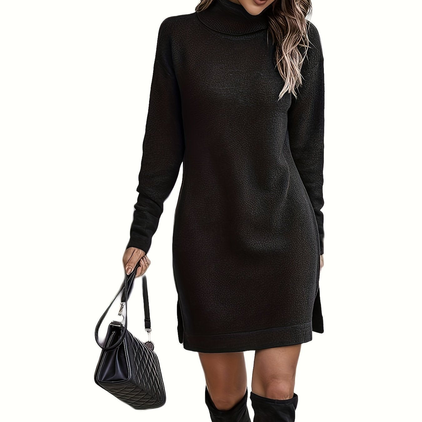 Turtle Neck Slit Side Sweater Dress, Casual Long Sleeve Knitted Dress For Fall & Winter, Women's Clothing