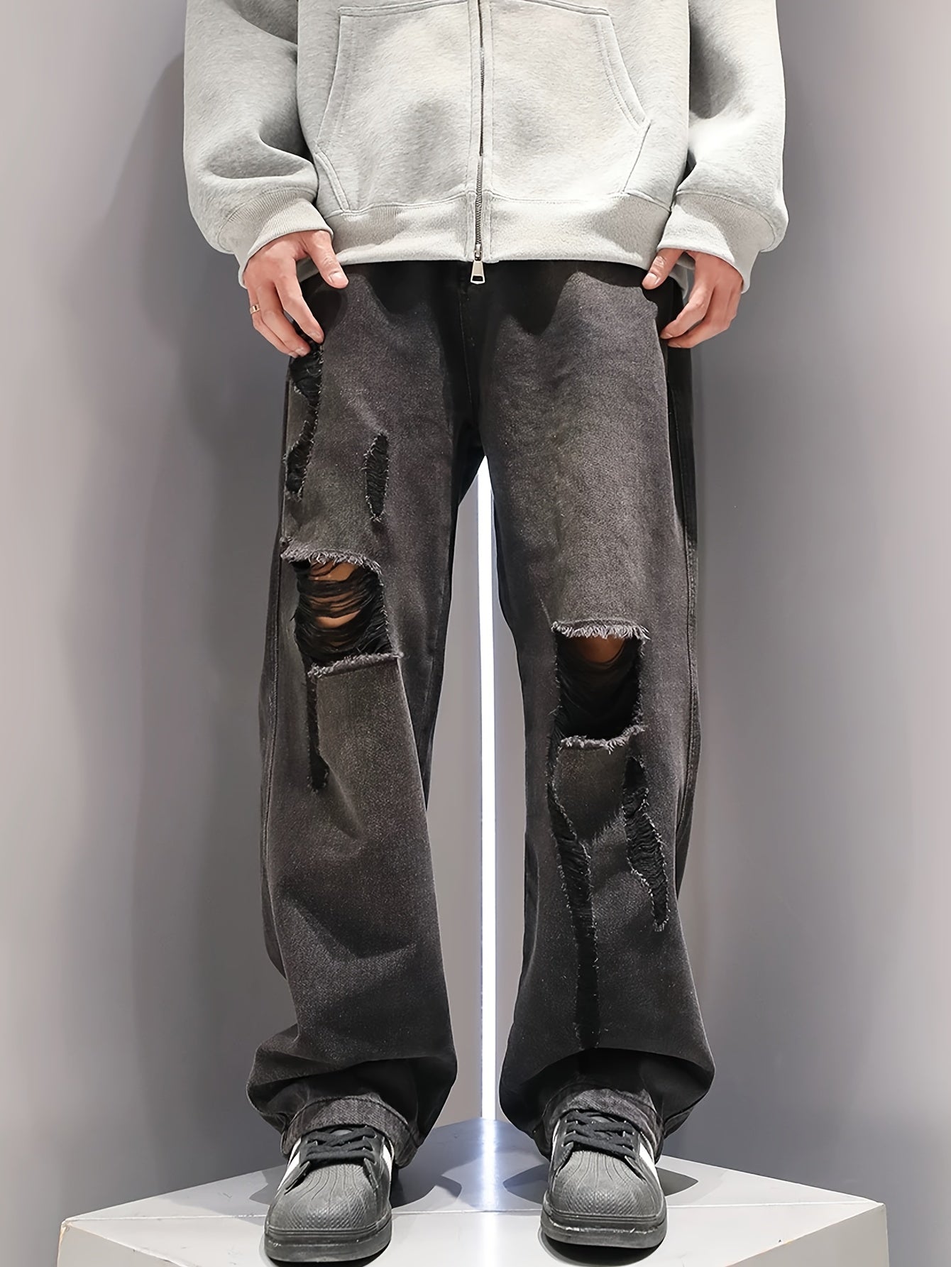 Men's Loose Fit Wide Leg Ripped Jeans, Men's Stylish Comfy Denim Pants, Street Style Fashion