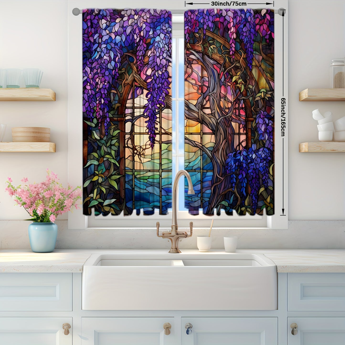 2pcs Stained Glass Flower Wisteria Printed Curtain For Home Decor Rod Pocket Window Treatment For Bedroom, Office, Kitchen, Living Room, And Study