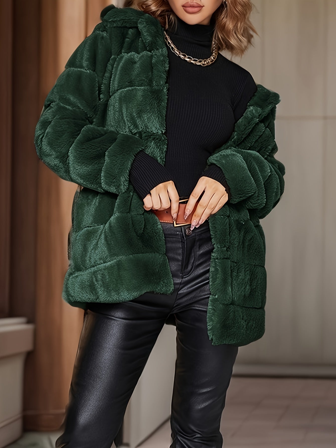 Solid Color Open Front Coat, Elegant Button Decor Baggy Long Sleeve Faux Fur Coat For Winter & Fall, Women's Clothing