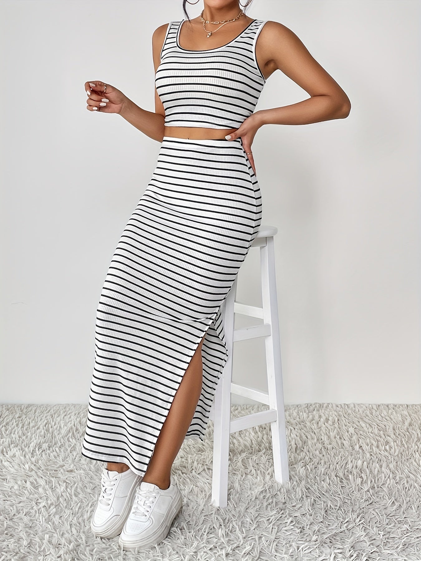 Two-Piece Chic Striped Print Set - Skirt Suits with Crew Neck Sleeveless Tank Top and Split High Waist Skirt Outfits, Elegant Women's Clothing for Everyday Wear