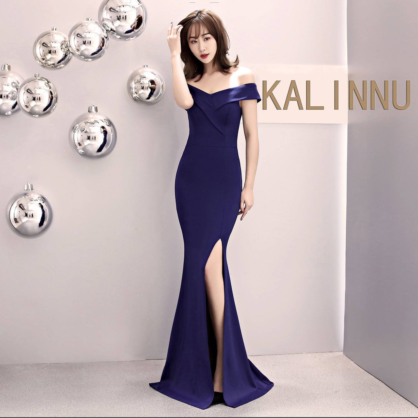 8642 #banquet evening dress 2017 new elegant long one-word shoulder fishtail host dress long dress