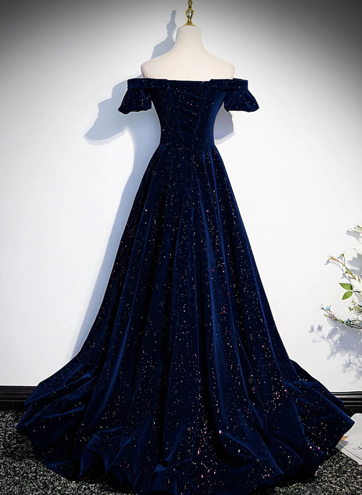 LOVECCRA-line Simple Navy Blue Velvet Off Shoulder Prom Dress, Navy Blue Evening Dress