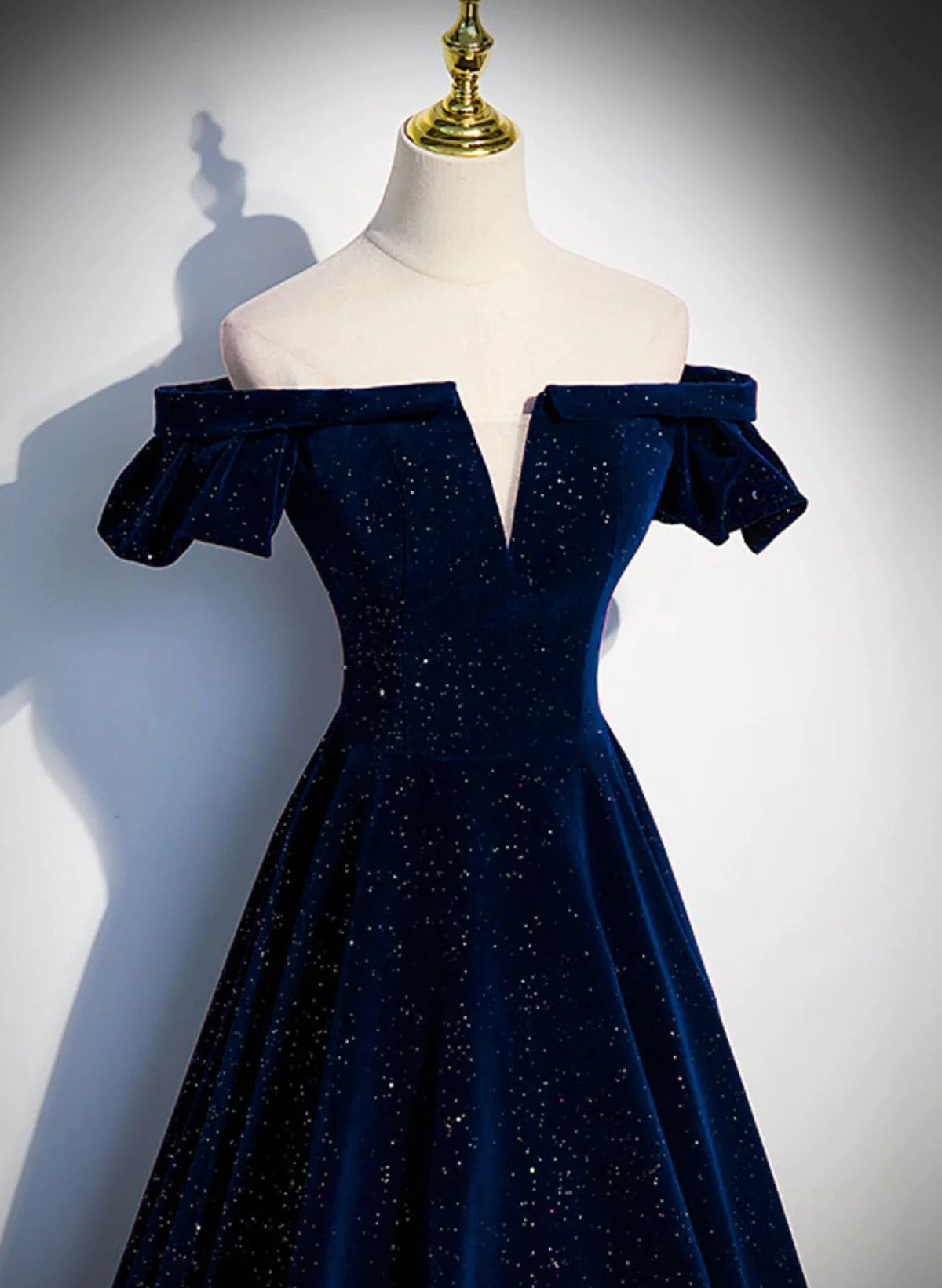 LOVECCRA-line Simple Navy Blue Velvet Off Shoulder Prom Dress, Navy Blue Evening Dress