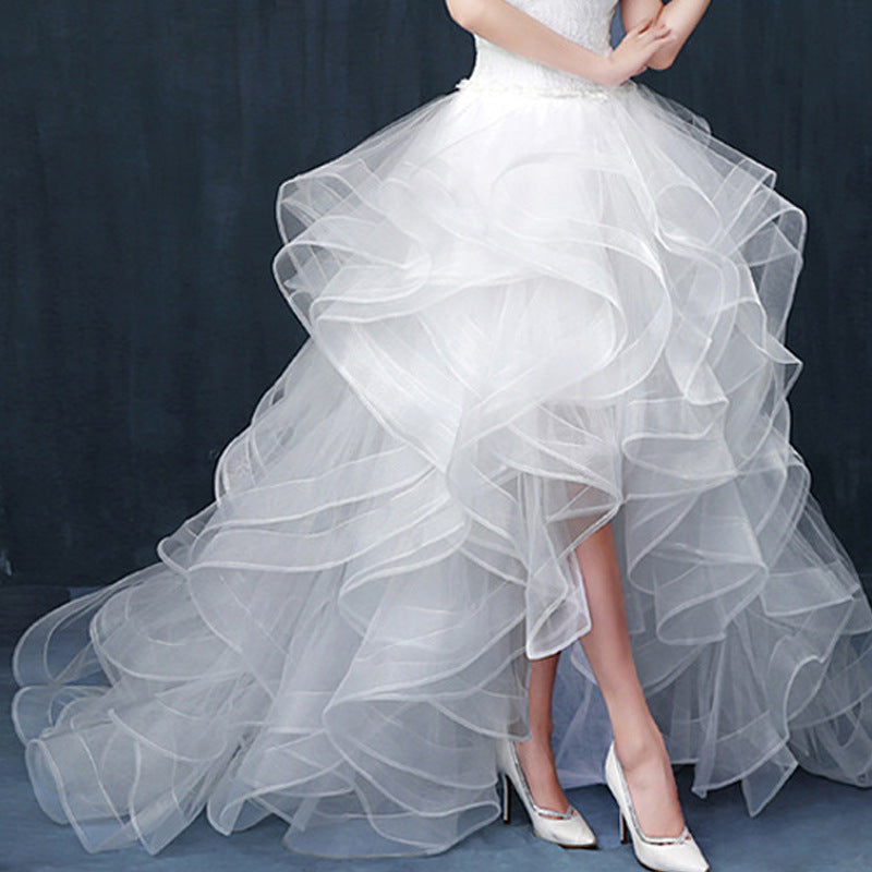 LOVECCR Short Front and Long Back Wedding Dress Bride Toasting Dress Long Trailing Double Shoulder Lace Korean Trailing Wedding Dress Wholesale