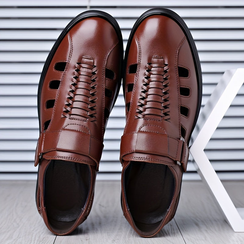 Mens Business Sandals - Timeless Solid Color Design, Classic Business Style, Hook & Loop Fastener, Ultra-Comfy, Slip-Resistant Rubber Sole, Durable - Ideal for Formal Events, Work, or Daily Wear
