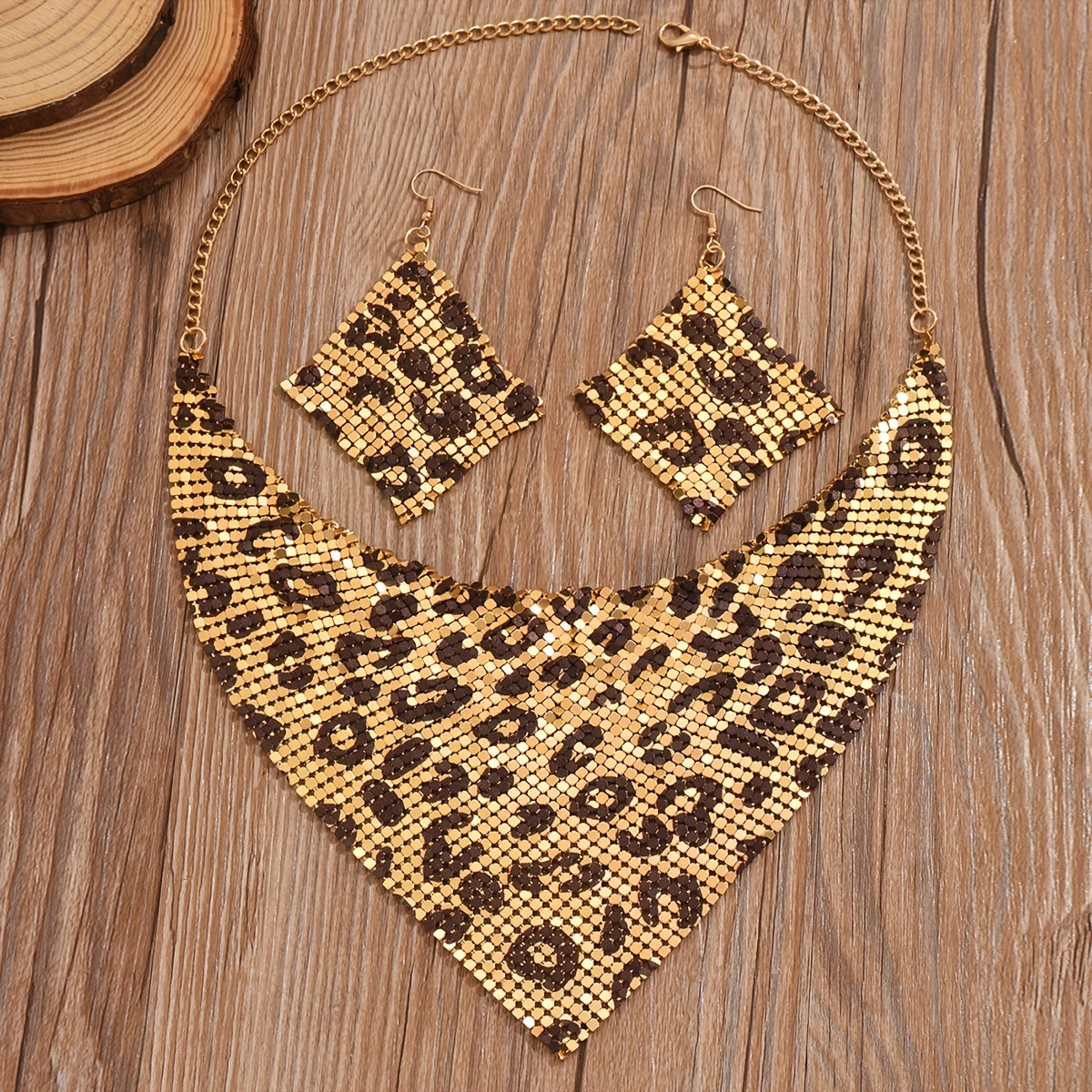Leopard Print Glamour Jewelry Set - 3-Piece Bib Necklace & Dangle Earrings - Timeless Vintage Style for Fashion-Forward Women - Perfect Accessory for Banquets, Daily Wear, Beach Parties, and Music Festivals