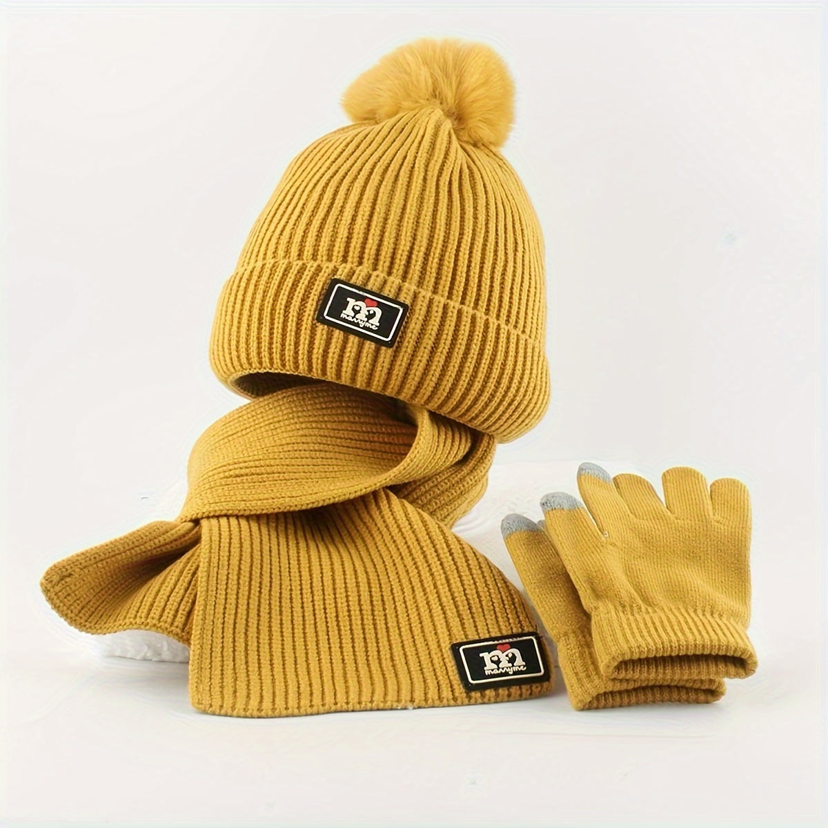 2pcs+1pair Children's Scarf & Hat & Gloves Set, Autumn And Winter Baby Warm Fleece Lined Gloves, Boys And Girls Knitted Hat
