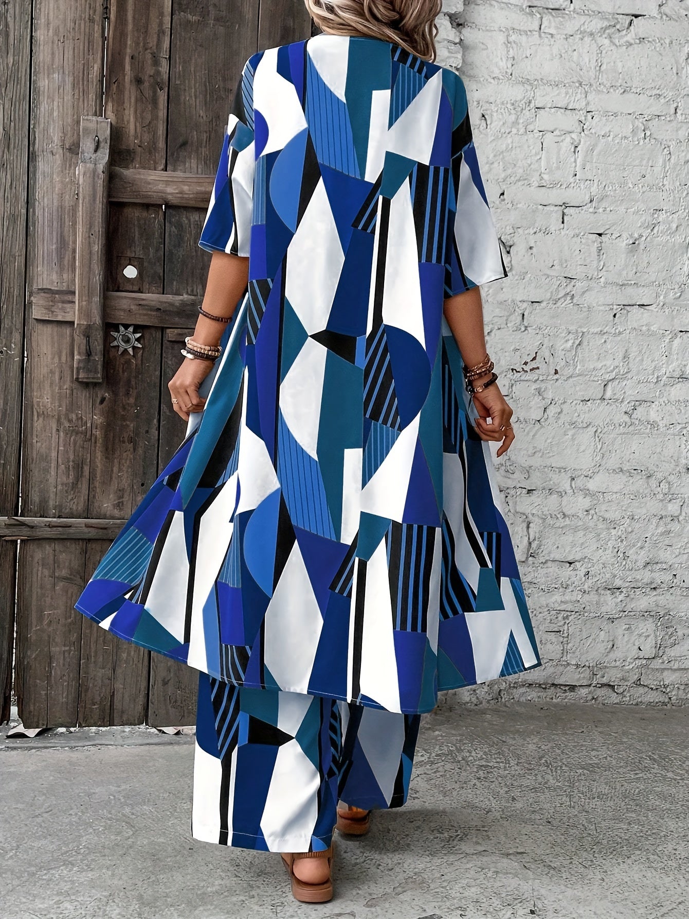 Chic Geometric Print Womens Pantsuit Set - Open Front Long Shirt & Wide Leg Pants - Stylish Casual Outfits for Fashion-Forward Ladies