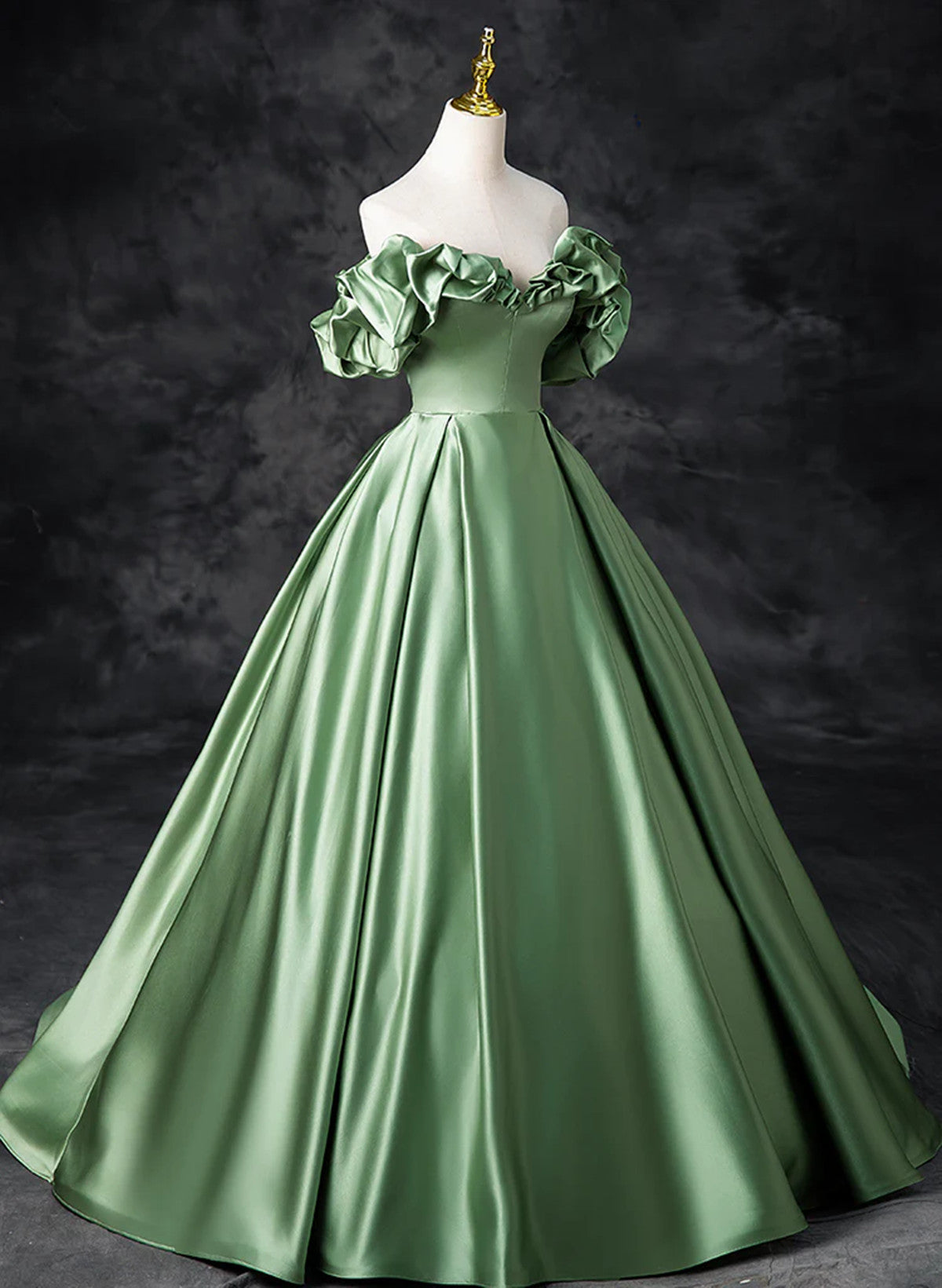 LOVECCRGreen Satin Off Shoulder Long Party Dress, A-line Green Prom Dress