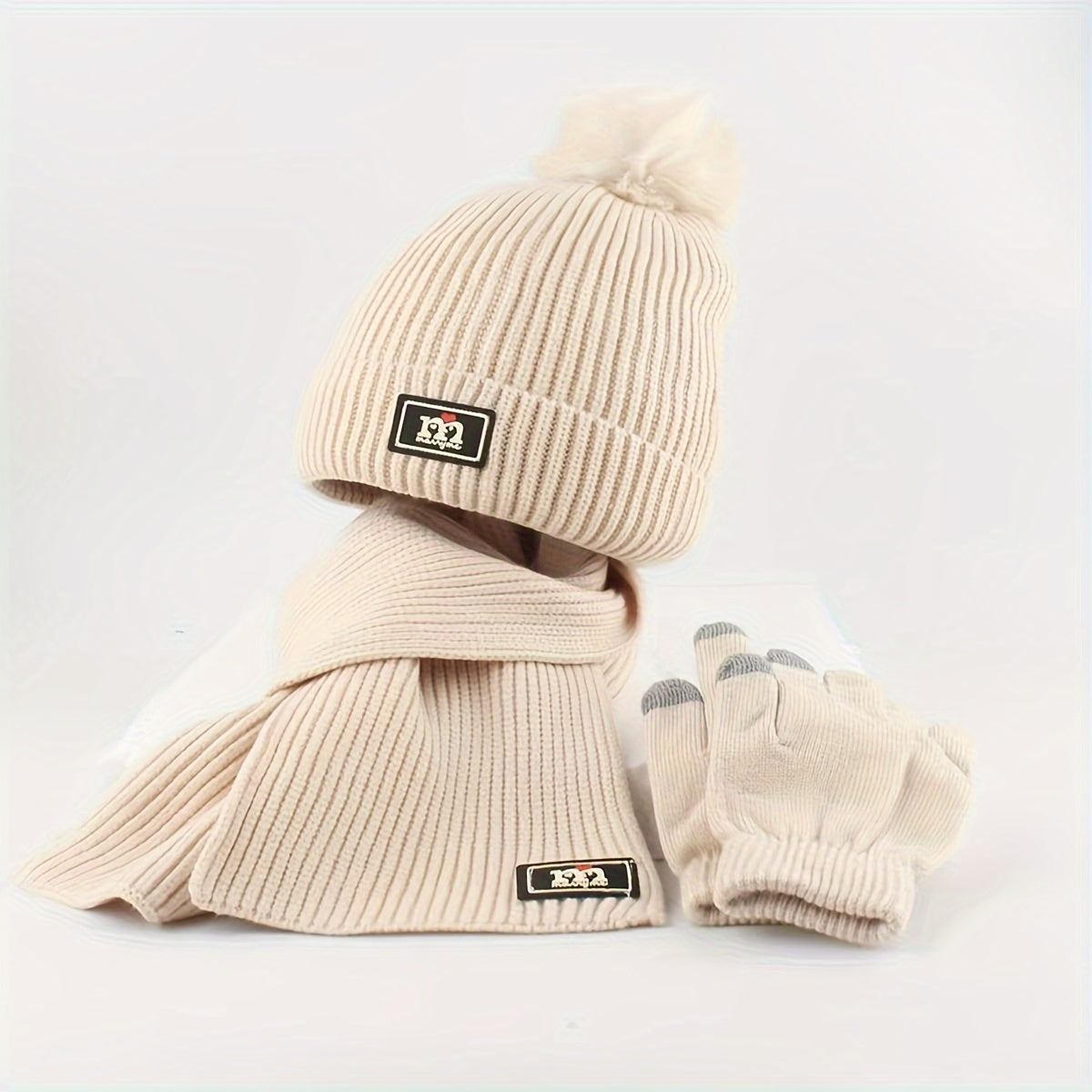 2pcs+1pair Children's Scarf & Hat & Gloves Set, Autumn And Winter Baby Warm Fleece Lined Gloves, Boys And Girls Knitted Hat