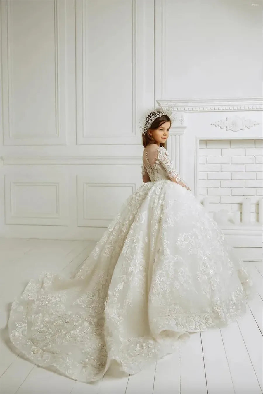 Ivory Girls Dresses Long Sleeve Lace Flower for Weddings Princess First Communion Evening Party Birthday Pageant Prom Ball Gowns