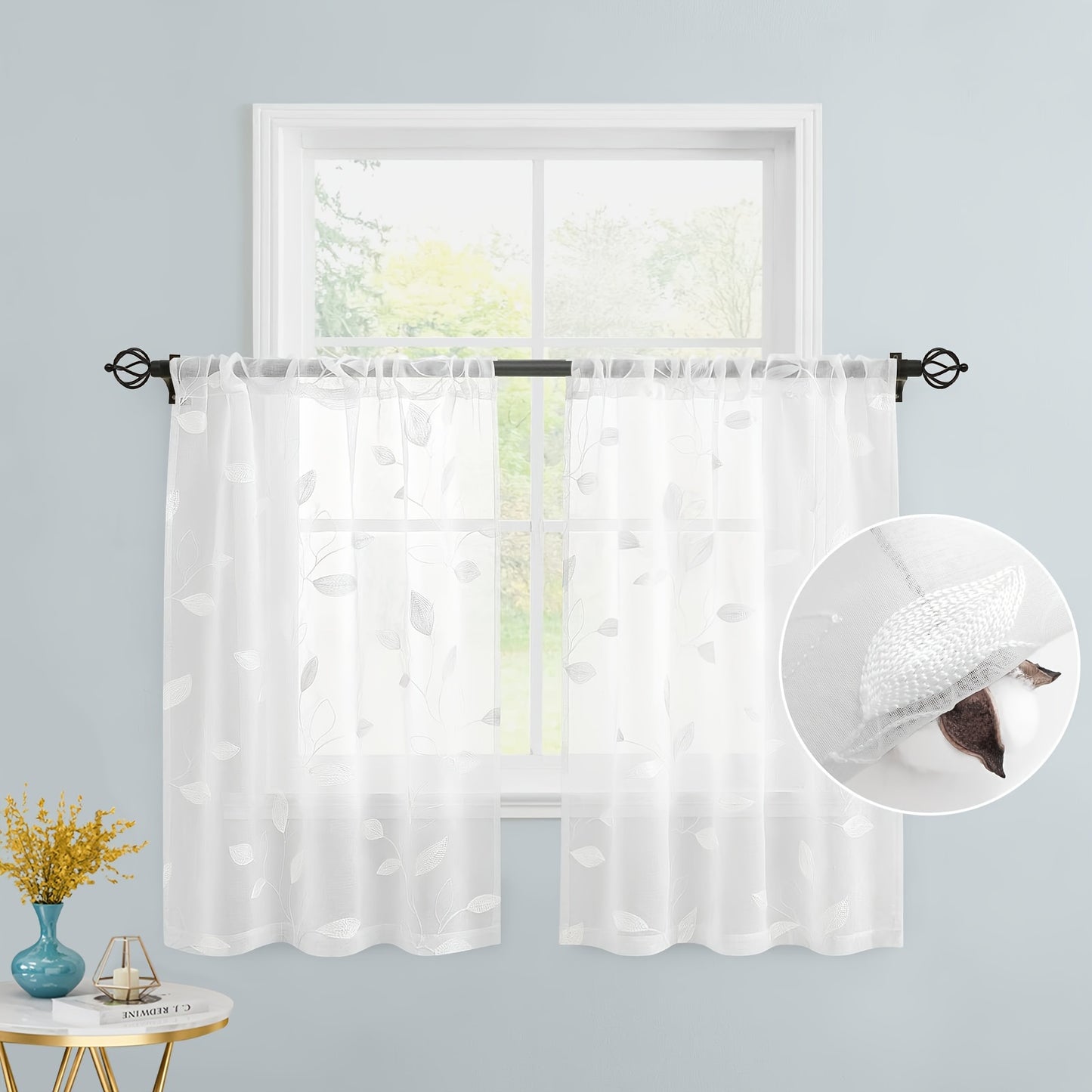2pcs Sheer Curtains With Embroidery Leaf Pattern, Rod Pocket Faux Linen Floral Semi Curtains Voile Window Curtains Kitchen Curtains, Drapes for Bedroom Living Room