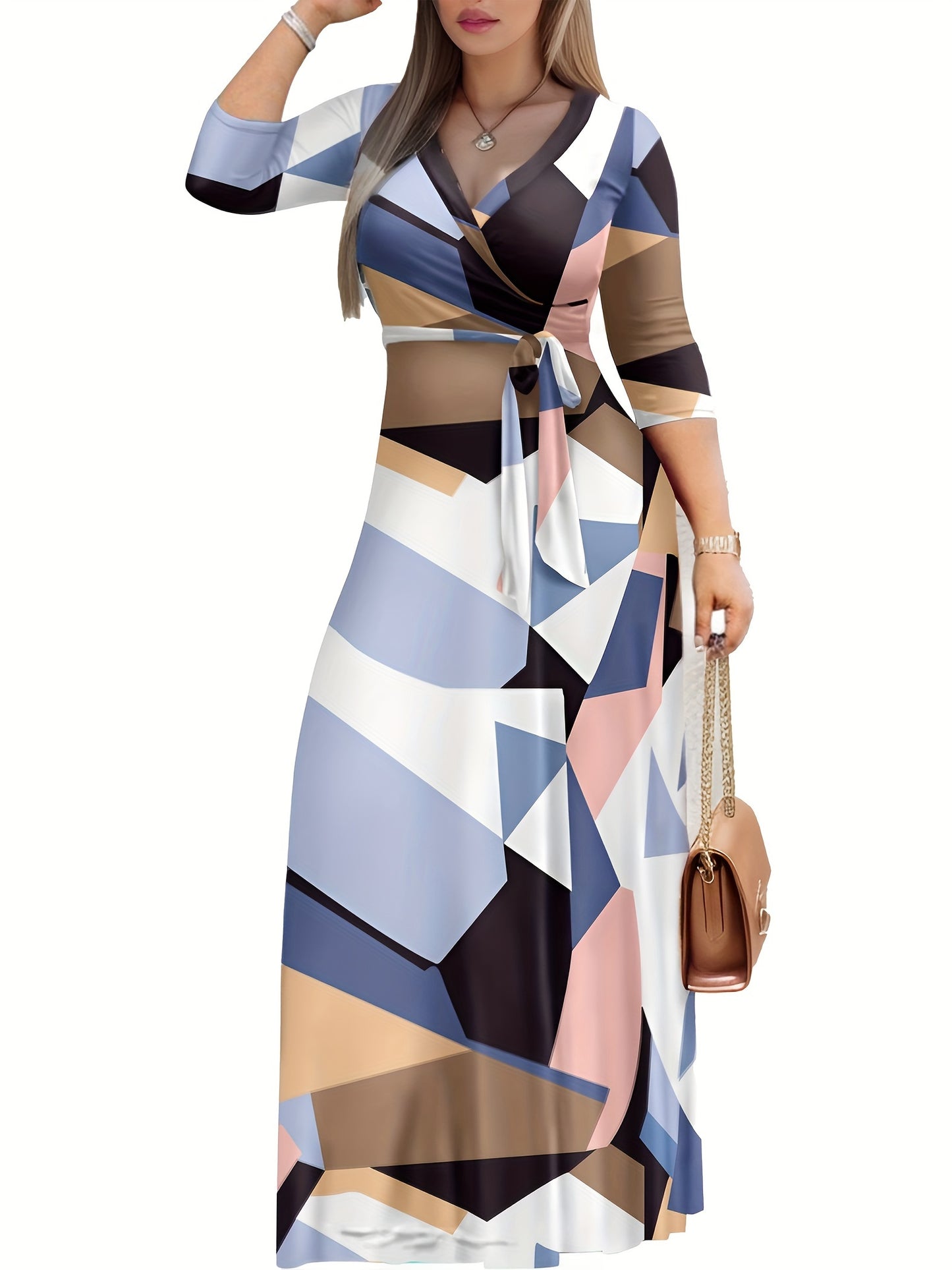 Charming Color Block Surplice Dress with Belt - Flattering Neckline & 3/4 Sleeves - Ideal for Spring to Summer - Womens Fashion Essential