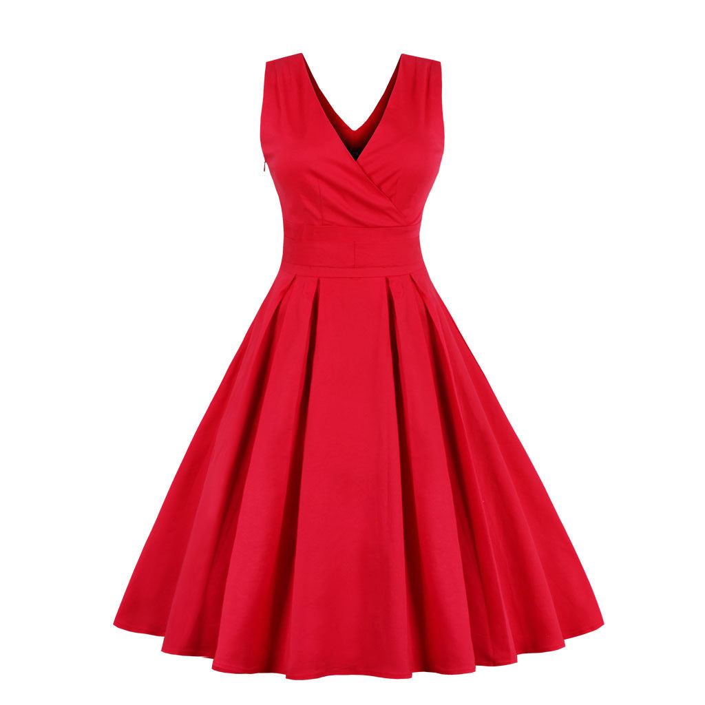 LOVECCR Cross-Border Women's Clothing New Deep V Sexy Evening Dress Solid Color Retro Dress Pettiskirt Big Swing Skirt 1325