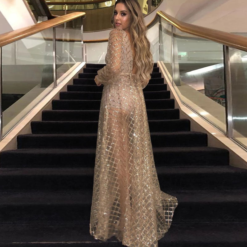 2025 New summer new 2025 women's clothing sexy V-neck backless dress sequined mesh evening dress, long dress